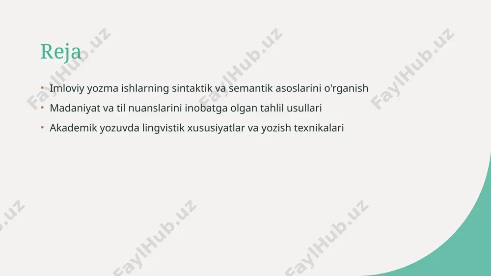 iqligi yozma ishning logikasini mustahkamlaydi, xatoliklarni kamaytiradi va yozuvning lingvistik sifatini oshiradi. imloviy yozma ishlarning lingvistik xususiyatlarini o'rganish 1 lingvistik asoslar imloviy yozma ishlarning lingvistik xususiyatlarini o‘rganish, tilning sintaktik va semantik strukturalarini tahlil qilish bilan bog‘liq. bu yozma shakllarda aniq va to‘g‘ri ifoda uchun muhimdir. 2 syntax va semantik aloqalar sintaktik va semantik elementlar o‘rtasidagi bog‘liqlik, yozma matnlarda ma’no va tuzilmaning uyg‘unligini ta’minlaydi. bu, ayniqsa, murakkab fikrlarni tushunarli ifoda qilishda muhimdir. 3 madaniy va til nuanslari lingvistik tahlil madaniyat va til nuanslarini hisobga oladi, bu yozma ishlarning madaniyatga mos, aniq va ijobiy ta’sir ko‘rsatadigan bo‘lishini ta’minlaydi. madaniyat va til nuanslarini tahlil qilishda lingvistik yondashuvlarning roli 01 madaniyat va til o’rtasidagi bog’liqlik lingvistik yondashuvlar madaniyatdagi til o’ziga xosliklarini aniqlashga yordam beradi, milliy ifoda va an’analarning til orqali ifodalanishini tushunishga imkon yaratadi. 02 nuanslarni aniqlashdagi roli til va madaniyat nuanslarini tahlil qilishda lingvistik usullar kontekst, idiomlar va shaxsiy ifoda usullarini aniqlashga yordam …