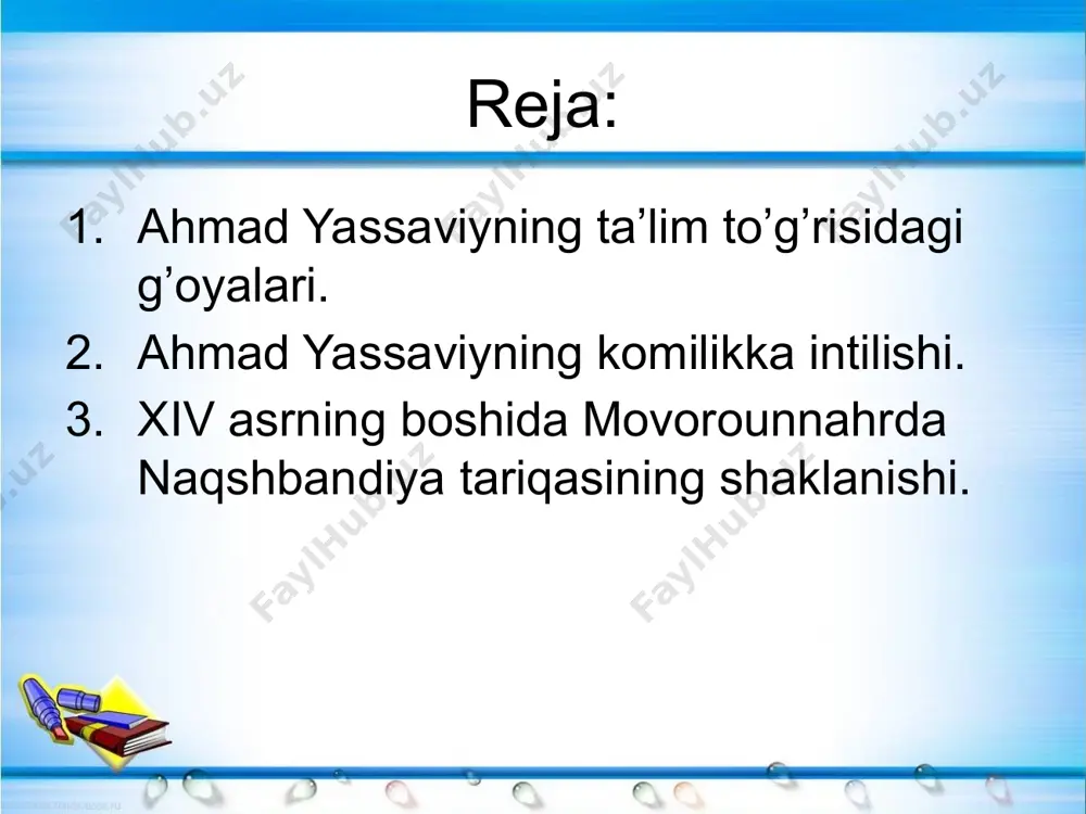 alol luqma yeyish orqali inson haq bilan “ko’risha” oladi, nafsga mute bo’lganlar esa xudbinlikdan qaytmaydi, nafs balosiga uchraydi. xususan: nafsdan kechib, qanoatni pesha qilg’on, har kim topsa, rozi bo’lib, bo’yi sung’on yaxshilarga xizmat qilib duo olg’on, andoq oshiq mahshar kuni armoni yo’q. jondin kechmay hu-hu degan bari yolg’on, bu gumrohdin so’rmang savol, yo’lda qolgan, haqni topgan o’zi pinhon, so’zi pinhon ul sababdan oltmish uchda kirdim yerga. banda bo’lsang mehnat tortg’il g’ofil odam, oqil ersang g’animatdur senga shul dam omonatdir aziz joning yurma beg’am, eshitib o’qib yerga kirdi qul xoja ahmad. ahmad yassaviy nodonlik tufayli hayotda savodsizlik, diyonatsizlik, ota-ona va ustozlarga hurmatsizlik, ma’naviy qashshoqlik, yovuzlik, takabburlik, nodon insonning eng tuban shaxs ekanligi, nodonlik, razolat hukm surgan joyda, ma’rifat bo’lmagan o’lkada mamlakatning inqirozga yuz tutishini alohida qayd etib o’tadi. ahmad yassaviy hikmatlarida haqqa yetish yo’lini targ’ib qilar ekan, insonni jaholat botqog’idan xalos qilish lozimligiga urg’u beradi. u “shariatda orif-biloh bo’lishni, tariqatda voqif-asror …