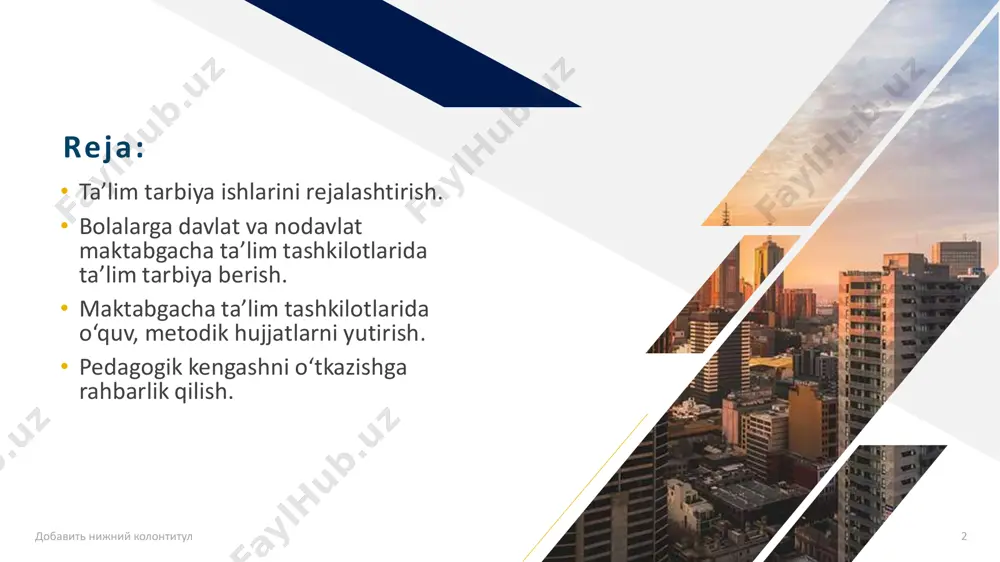 222-modda 02 tarbiyalanuvchilarga oid hujjatlar 02-02 ota-onalar bilan tuzilgan shartnomalar, bolalarga davlat xizmatlari markazidan berilgan yoʻllanmalar (koʻp tarmoqli ixtisoslashtirilgan, qoʻshma tipdagi maktabgacha taʼlim tashkilotlarida tibbiypsixologik- pedagogik komissiya xulosalari) yigʻma jildi va qayd etish kitobi 02-01 tarbiyalanuvchilarni qabul qilish, guruhdan guruhga oʻtkazish va roʻyxatidan chiqarish toʻgʻrisidagi buyruqlar yigʻma jildi 03 davlat maktabgacha taʼlim tashkiloti direktori 03-02 uch yillik istiqbol va unga muvofiqlashtirilgan oylik rejasi (ish jurnali) 03-01 “ilk qadam” davlat oʻquv dasturi va metodik qoʻllanmalar. 03-03 xodimlar bilan yoʻriqnoma oʻtkazish kitobi (“maktabgacha taʼlim tashkilotlarida bolalarning hayoti va sogʻligini muhofaza qilishni tashkil etish tartibi toʻgʻrisida”gi nizom, “maktabgacha taʼlim xodimlari asosiy lavozimlarining malaka tavsiflari”, “texnika xavfsizligi va mehnatni muhofaza qilish” yoʻriqnomalari hamda “yongʻin xavfsizligi qoidalari”). 04 davlat maktabgacha taʼlim tashkiloti metodisti 04-02 yillik ish rejasiga muvofiqlashtirilgan oylik ish rejasi (ish jurnali). yillik hisobot 04-01 “ilk qadam” davlat oʻquv dasturi va metodik qoʻllanmalar. 04-03 bolaning rivojlanish xaritasining yuritilishini nazorat qilish daftari 05 umumiy turdagi …