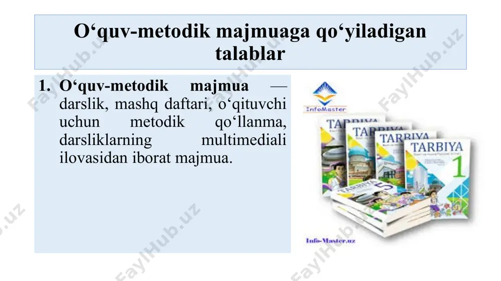 likka yo‘l qo‘yilmasligi; 9. o‘quvchilarni muvaffaqiyatli ijtimoiy hayotga yo‘naltirishga oid matn va rasmlar, izohli lug‘at, texnik ijodkorlik, mantiqiy va innovatsion tafakkurni o‘stirishga qaratilgan loyihalash hamda modellashtirish topshiriqlarini qamrab olgan bo‘lishi lozim. darslikka qo‘yiladigan pedagogik-psixologik talablar: 1 keng jamoatchilik tomonidan tan olingan ilmiy asoslangan ma’lumotlar, o‘quvchilarning bilim darajalari, eslab qolish qobiliyatlari, tafakkuri inobatga olingan holda, voqea va hodisalarning mohiyatini anglashga hamda amaliy qiziqishlarini rivojlantirishga, bilim olish va amaliy faoliyat bilan shug‘ullanishga bo‘lgan ehtiyojlarini to‘laqonli qondirishga yo‘naltirilgan bo‘lishi; 2 o‘quv fani mavzularining o‘quvchi yoshi va psixo-fiziologik xususiyatlariga mos holda berilishi, ma’lum bir faktlar, tushunchalar, qoidalar va fanlararo bog‘liqlikni hisobga olgan holda tushunarli bayon qilinishi; 3 o‘quvchilarning yangiliklarni qabul qilish qobiliyatlari, oldin olgan bilimlarini o‘zlashtirganlik darajasi hisobga olinishi lozim. belgilangan talablar darajasida yorqin, rangli, chiroyli bezatilgan, zamonaviy dizayniga mos bo‘lishi; matnlar va illyustratsiyalarning uyg‘unligi va o‘quvchilar yoshiga mosligi; darslikka qo‘yiladigan estetik talablar: bo‘lim, bob, mavzular matnlarining turli shakl va ranglar bilan ajratilishi, ularning …