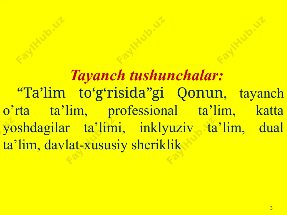 ntirishga, shuningdek bolalarni umumiy o‘rta ta’limga tayyorlashga qaratilgan ta’lim turidir. maktabgacha ta’lim va tarbiya olti yoshdan yetti yoshgacha bo‘lgan bolalarni boshlang‘ich ta’limga bir yillik majburiy tayyorlashni ham nazarda tutadi. maktabgacha ta’lim va tarbiyani tashkil etish tartibi ushbu qonun, shuningdek “maktabgacha ta’lim va tarbiya to‘g‘risida”gi o‘zbekiston respublikasi qonuni bilan belgilanadi. * umumiy o‘rta va o‘rta maxsus ta’lim umumiy o‘rta va o‘rta maxsus ta’lim umumta’lim o‘quv dasturlarini, zarur bilim, malaka hamda ko‘nikmalarni o‘zlashtirishga qaratilgan. umumiy o‘rta ta’lim (i — xi sinflar) bosqichlari quyidagilardan iborat: boshlang‘ich ta’lim (i — iv sinflar); tayanch o‘rta ta’lim (v — ix sinflar); o‘rta ta’lim (x — xi sinflar). * umumiy o‘rta ta’lim tashkilotining birinchi sinfiga bolalar ular yetti yoshga to‘ladigan yilda qabul qilinadi. boshlang‘ich ta’lim ta’lim oluvchilarda umumiy o‘rta ta’limni davom ettirish uchun zarur bo‘lgan savodxonlik, bilim, malaka va ko‘nikmalar asoslarini shakllantirishga qaratilgan. tayanch o‘rta ta’lim o‘quv dasturiga muvofiq ta’lim oluvchilarga bilim, malaka va ko‘nikmalarning zaruriy hajmini …