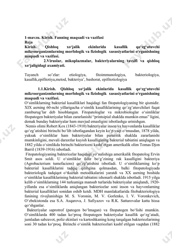 natijasida unda vujudga keladigan tashqi va ichki belgilarni, kasallikning kelib chiqish sabablarini, tarqalishini, ekologik holatga bog’liq ravishda namoyon bo‘lishini, kasallikning keltiradigan iqtisodiy zararini, kasallikka o‘simlikning immunitet xususiyatlarini, kasallikning kelib chiqishini oldindan aniqlash va unga qarshi kurash choralarini belgilab, kasallangan o‘simliklarni sog’lomlashtirish yo‘llarini o‘rgatish asosida ulardan mo‘l hosil olishni o‘rgatadi. belgilangan vazifalarni amalga oshirish uchun fitopatologiya fani quyidagi bo‘limlarda to‘plangan ma’lumotlarga asoslanadi: diagnostika-kasalliknipg tashqi va ichki belgilari asosida uni aniqlash; etiologiya-kasallikning sabablarini aniqlash; profilaktika-kasallikni oldini olish; terapiya kasallangan o‘simliklarni davolash. hozirgi zamon xo‘jalik fitopatologiya fani o‘z taraqqiyoti davomida qo‘yidagi ilmiy fanlar tizimi negizida rivojlanmoqda: mikologiya (zamburug’lar), qishloq xo‘jalik bakteriologiyasi (bakteriyalar), fitovirusologiya (viruslar), fitonemotodologiya (parazit nematodalar), fitopatogenez (o‘simlik va kasallik qo‘zg’atuvchi orasidagi munosabat), patoanotomiya va o‘simliklar fiziologiyasi (kasallangan o‘simlikda ro‘y beradigan o‘zgarishlar), fitoimmunologiya (o‘simliklarning kasalliklarga chidamliligi), epifitologiya (kasallikning hosil bo‘lish sabablari va uning keng tarqalishi), fitoprofilaktika (kasallikni kimyoviy, agrotexnik, fizik va biologik usulda himoya qilish), o‘simliklar karantini va kasalliklar bilan kurashishni mexanizatsiyalash …