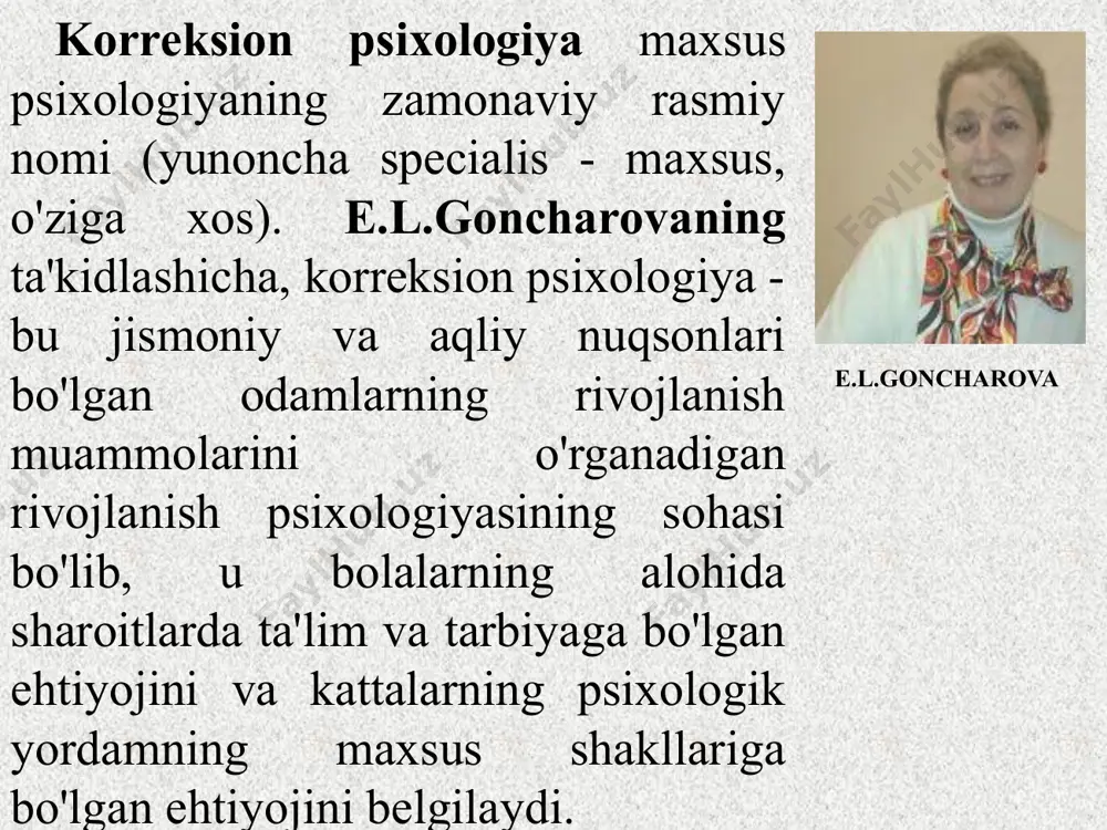 uhi bo'lib, unda topshiriqlar savollar yoki bayonotlar shaklida taqdim etiladi va sub'ektning so'zlaridan ma'lumotlarni olishga mo'ljallangan. 5. proyektiv metodikalar: strukturalash metodikasi - stimulni shakllantirish, ularga qandaydir ma'no berish konstrukrtlash metodikasi detallardan mazmunli yaxlitlikni yaratish interpretatsiya metodikasi har qanday hodisa, vaziyatlarni talqin qilishdir tugallash metodikasi – masalan, tugallanmagan gap ifoda qilish metodikasi – rasm chizish 6. o'quv eksperimenti - bu tabiiy eksperimentning bir shakli bo'lib, u muayyan psixik jarayonlarni o'rganish ularni maqsadli shakllantirish jarayonida sodir bo'lishi bilan tavsiflanadi. shu bilan birga, bu usuldan foydalangan holda bilim, ko'nikma, malakalarning hozirgi holati emas, balki ularni shakllantirish xususiyatlari ochib beriladi. 7. shartli reflektor metodikasi metodikalarning har biri aniq maqsadlarda va o'rganish ob'ektining individual xususiyatlarini hisobga olgan holda qo'llaniladi. korreksion psixologiya aqliy rivojlanish patologiyasining turli xil variantlarini, tug'ma jismoniy kasalliklar va nuqsonlarda aqliy rivojlanishning buzilish muammolarini o'rganadi. masalan, birlamchi nuqson (masalan, karlik) ko'plab ikkilamchi o'zgarishlarga sabab bo'ladi - aqliy rivojlanishdagi o'zgarishlar (ikkilamchi nuqson), hayotiy pozitsiyasining …