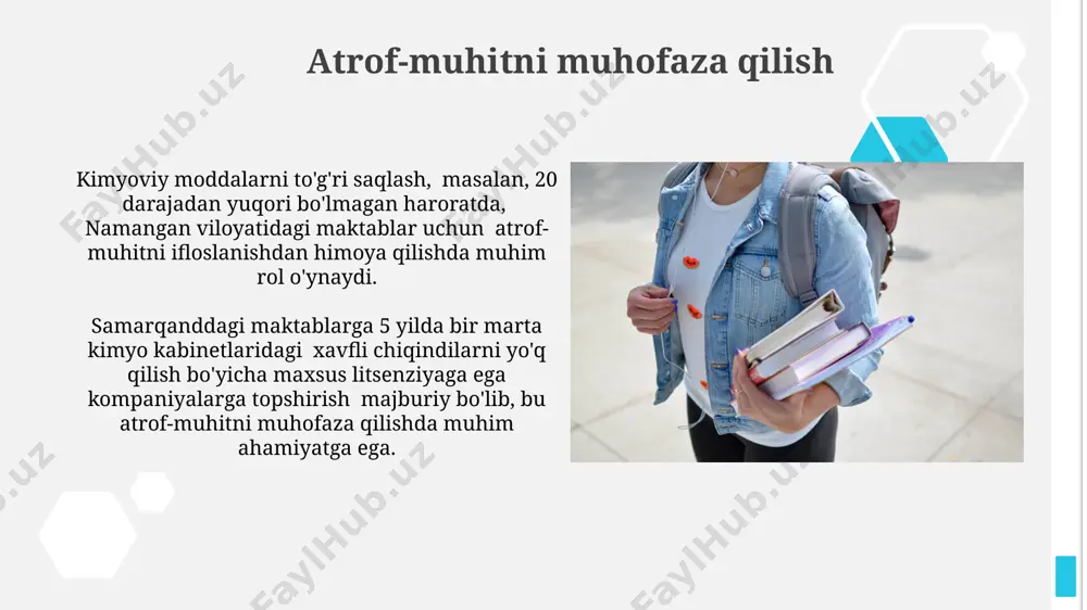 muvofiq qo'llaniladigan birinchi yordam vositalari saqlanishi zarur. kimyoviy kabinetning tozaligi va tartibi kimyoviy kabinetdagi barcha shkaflar va javonlar yiliga kamida 2 marta, xususan, 1- va 3- choraklarda, tozalab, zararli moddalar qoldiqlaridan tozalash kerak, xavfsizlik qoidalariga rioya qilgan holda toshkent shahrida joylashgan maktablarda bu jarayon maxsus komissiya nazorati ostida amalga oshiriladi. har bir reagent shishasi yoki idishi raqamlangan va tegishli yorliq bilan ta'minlanishi, shu jumladan, xavfsizlik ma'lumotlarining (sds) 3 nusxasi tegishli joyga qo'yilishi zarur, samarqand viloyatidagi maktablarda bu talablar qat'iy bajarilishi kerak. kimyoviy kabinetning umumiy ko'rinishi kimyoviy kabinet toshkentdagi 25-maktabda joylashgan bo'lib, taxminan 15 kvadrat metr maydonni egallaydi va 500 dan ortiq turdagi kimyoviy moddalarni saqlash uchun mo'ljallangan. kabinetda xavfsizlik choralariga rioya qilish uchun 2 ta yong'in o'chiruvchi va 3 ta birinchi tibbiy yordam to'plami mavjud bo'lib, ularning joylashuvi xavfsizlik ko'rsatmalarida ko'rsatilgan. kabinetning joylashuvi va xavfsizlik choralari kabinetda yong'inga qarshi vositalar, masalan, o't o'chiruvchilar va qum qutilari, shuningdek, birinchi tibbiy yordam …