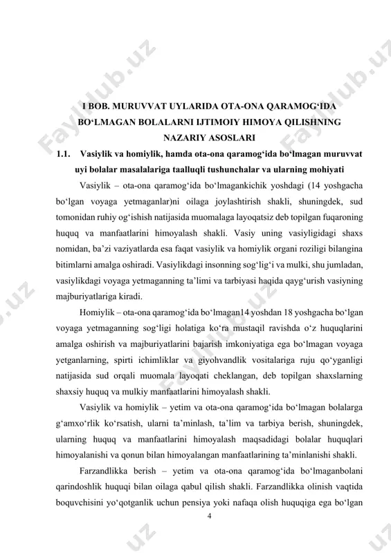 amalga oshirish va majburiyatlarini bajarish imkoniyatiga ega bo‘lmagan voyaga yetganlarning, spirti ichimliklar va giyohvandlik vositalariga ruju qo‘yganligi natijasida sud orqali muomala layoqati cheklangan, deb topilgan shaxslarning shaxsiy huquq va mulkiy manfaatlarini himoyalash shakli. vasiylik va homiylik – yetim va ota-ona qaramog‘ida bo‘lmagan bolalarga g‘amxo‘rlik ko‘rsatish, ularni ta’minlash, ta’lim va tarbiya berish, shuningdek, ularning huquq va manfaatlarini himoyalash maqsadidagi bolalar huquqlari himoyalanishi va qonun bilan himoyalangan manfaatlarining ta’minlanishi shakli. farzandlikka berish – yetim va ota-ona qaramog‘ida bo‘lmaganbolani qarindoshlik huquqi bilan oilaga qabul qilish shakli. farzandlikka olinish vaqtida boquvchisini yo‘qotganlik uchun pensiya yoki nafaqa olish huquqiga ega bo‘lgan voyaga yetmaganlar farzandlikka olingan taqdirda ham ana shu huquqni saqlab qoladilar. farzandlikka berish yetim va ota-ona qaramog‘ida bo‘lmagan bolalarni joylashtirishning eng ma’qul shakli hisoblanadi. patronat – bolalarni oilaga joylashtirish shakllaridan bo‘lib, bunda bola oilaga vakolatli organ (vasiylik va homiylik organi nazoratchisi) hamda tarbiyachilik majburiyatini o‘z bo‘yniga oluvchi shaxs (bo‘lg‘usi tutingan ota yoki ona) o‘rtasidagi …