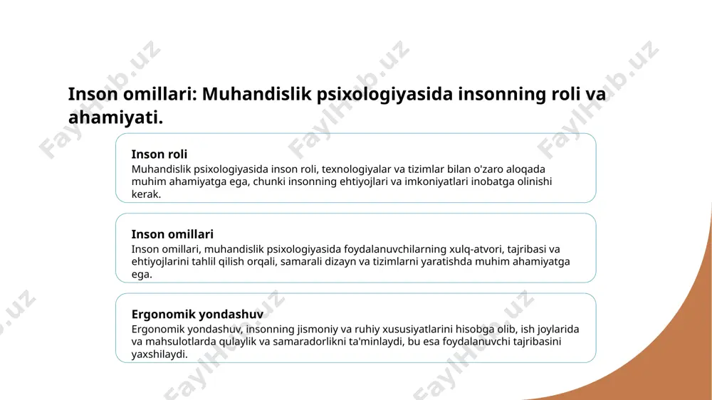 ni tahlil qiladi, bu esa mashina interfeyslarini optimallashtirishda muhim ahamiyatga ega bo'ladi. foydalanuvchi tajribasi inson-mashina o'zaro ta'sirida foydalanuvchi tajribasi, samaradorlikni oshirish va xatolarni kamaytirish uchun muhim omil hisoblanadi. ergonomik dizayn yordamida yaxshilanadi. xulosa 1 muhandislik psixologiyasi ahamiyati - muhandislik psixologiyasi inson omillarini hisobga olish orqali texnologiya va muhandislik dizaynini yaxshilaydi, foydalanuvchilar uchun qulay muhit yaratadi. 2 ergonomika va inson omillari - ergonomika muhandislik psixologiyasining muhim qismi bo'lib, bu inson faoliyatini optimallashtirish orqali samaradorlikni oshirishga yordam beradi, ish joyini qulaylashtiradi. 3 kognitiv muhandislikning roli - kognitiv muhandislik inson ongining imkoniyatlarini o'rganib, inson-mashina o'zaro ta'sirini yaxshilaydi, foydalanuvchi tajribasini yanada boyitadi. foydalanilgan adabiyotlar 1. toshkov, k. m. muhandislik psixologiyasining asosiy tushunchalari. o‘zbekiston respublikasi fanlar akademiyasi, 2021 2. shokirjonov, f. a. inson omillari va ergonomika. toshkent davlat tehnika universiteti, 2022 3. siddiqov, a. k. kognitiv muhandislik va foydalanuvchi tajribasi. o‘zbekiston milliy universiteti, 2023 4. rahimov, r. m. muhandislik psixologiyasi: inson omillari va inson-mashina o‘zaro …
