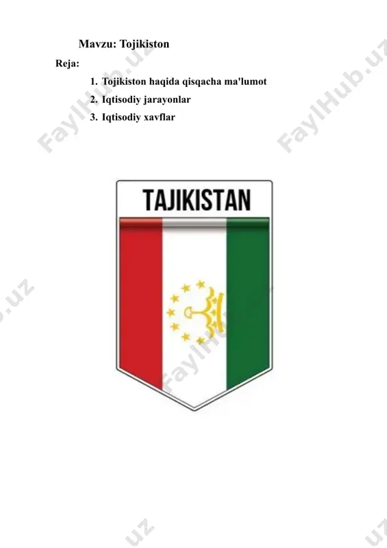 raqobatlashmoqda. shuningdek, bug‘doy, guruch, mevalar, sabzavotlar va poliz ekinlari ham keng tarqalgan. paxta yetishtirish va uni qayta ishlash tojikistonning asosiy eksport manbaidir. biroq, so‘nggi yillarda paxta ekinlarini diversifikatsiya qilish va ekologik qishloq xo‘jaligini rivojlantirishga qaratilgan harakatlar kuchaymoqda. · sanoat sektori: tojikistonning sanoat sektori hali ham nisbatan kichik, ammo mamlakatda sanoatni rivojlantirish uchun katta imkoniyatlar mavjud. tojikiston foydali qazilmalar, jumladan, oltin, ko‘mir, olmos va boshqa minerallar bilan boy. mamlakatda metallurgiya, to‘qimachilik, qurilish materiallari va oziq-ovqat sanoati kabi sohalarda kichik sanoat tarmoqlari mavjud. ayniqsa, gidroenergetika sektori uchun katta salohiyat mavjud, chunki tojikiston dunyoning eng yirik gidroelektr stansiyalaridan ba'zilariga ega. tojikiston ko‘plab daryolariga ega, bu esa uni qayta tiklanuvchi energiya manbalari sohasida muhim o‘ringa qo‘yadi. · xizmatlar sektori: xizmatlar sektori tojikiston iqtisodiyotida nisbatan kichik, lekin o‘sayotgan sohalardan biridir. bu sektorda savdo, turizm, moliya, bank xizmatlari, transport va aloqa kabi sohalar rivojlanmoqda. tojikistonning geografik joylashuvi, uni markaziy osiyo va boshqa mintaqalarga bog‘lovchi transport yo‘llarining …