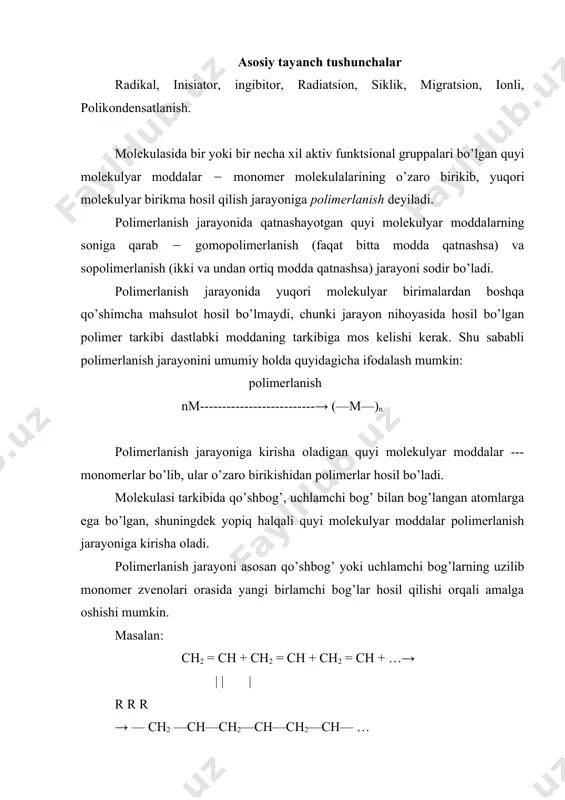 iga va jarayon sharoitiga qarab molekulalararo ta‘sir natijasida geterologik parchalanish, ya‘ni ionlarga ajralish yoki gomolitik parchalanish, ya‘ni aktiv erkin radikallar hosil bo’lishi natijasida polimerlanish jarayoni amalga oshadi. ba‘zi hollarda polimerlanish jarayoni, zaryad uzatuvchi komplekslar (zuk) ta‘sirida sodir bo’ladi. polimerlanish natijasida monomer molekulasi tuzilishidagi toyinmagan bog’lar, toyingan birlamchi valent bog’larga aylanadi: dien uglevodorodlarda esa qo’shbog’lar kamayib boradi. masalan: n ch2 = ch ― c = ch2 → . . . [ ― ch2 ― c = ch ― ch2 ]n | | ch3 ch3 yuqorida qayd etilgan toyinmagan uglevodorodlar va ularning bir qator hosilalaridan polimerlanish tufayli sanoat uchun qimmatli xomashyo hisoblangan karbozanjirli yuqori molekulyar birikmalar olinadi. bular orasida polietilen, polipropilen har xil fazoviy tuzilishga ega bo’lgan polibutilen, polivinilxlorid, poliviniledenxlorid, polivinilftorid, turli xil kauchuklar, teflon, yuqori haroratga chidamli ftoroplastlar, poliakrilatlar, polivinilatsetatlar, poliakrilonitril va ularning o’zaro polimerlanishidan hosil bo’lgan sopolimerlar ko’plab ishlab chiqarilmoqda. sintetik tola, sun‘iy charm va plastmassalarning qator turlarini ishlab chiqarishda, …
