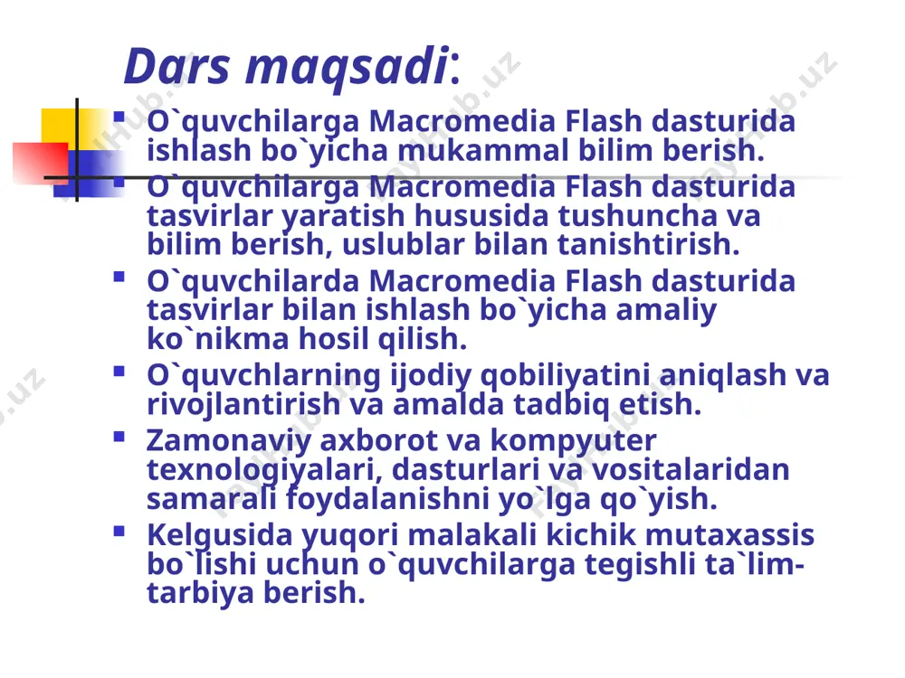 h va uning ustida oddiy amallarni (katta-kichik qilish kabi) bajara oladi. o`quvchi macromedia flash dasturida rasmga ishlov berish bo`yicha yetarli bilimlarga ega. o`quvchi macromedia flash dasturida rasmga ishlov bera oladi. qo`llaniladigan texnik vositalar : pentium 4 rusumli shaxsiy kompyuterlar multimedia, videoproektor, namoyish ekrani hp lj 2200 rusumli oq-qora lazer printeri qo`llaniladigan adabiyot va manbalar: robert stoun. macromedia flash professional 8. a.axmedov, n.toyloqov. “informatika” – toshkent –2002 yil. a.sattorov “ informatika va axborot texnologiyalari” darsning texnologik xaritasi: dars bosqichi vaqt o`qituvchi faoliyati o`quvchilar faoliyati vositalar uslub tashkiliy qism 5 daqiqa o`quvchilarning darsga tayyorligini tekshirish, davomatni tekshirish, texnik vositalarni yoqish. o`quv vositalari va anjomlarini tayyorlaydi kuzatish va so`rov o`tilgan mavzuni tekshirish 15 daqiqa “macromedia flash dasturida uskunalar majmuasi” mavzusi bo`yicha boshqotirma yechish boshqotirma yechish kompyuter amaliy yangi mavzuni tushuntirish 20 daqiqa macromedia flash dasturida rasmlarga kadrli animatsiya berish; yulduz yaratish va unga kadrli animatsiya berish. o`qituvchi hatti-harakatini kuzatib, taqdim etilyotgan materialni o`zlashtiradi …