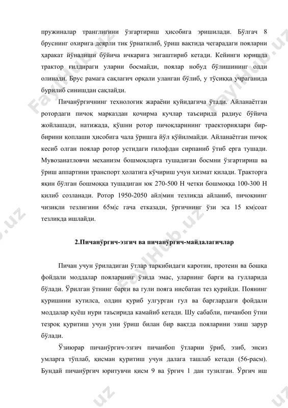 иради, натижада, уларнинг сирти тарнглашиб пичоқларнинг кесиши осонлашади. пичоқлар ўтмас тиғли бўлиб, болғачаларга ўхшайди, уларнинг чизиқли тезлиги жуда катта бўлганлиги сабабли, пояларни кесмасдан, зарба ҳисобига узиб олади. пичоқ тиғи қалин бўлгани учун кесакларга тегса ҳам шикастланмайди, фақат осилган шарнири атрофида вақтинча бурилиб қолади. кўзғалмас пичоққа нисбатан кичик тирқишдан олиб ўтилаётган поялар қўшимча майдаланади ва ката тезлик билан қувурнинг ичига ирғитилиб, ўргичга тиркаб қўйилган транспорт воситасига юкланади. бундай пичоқ йўғон ва дағал пояларни, ҳатто ғўзапояни ўришда ҳам ишлатилиши мумкин. 3.пичан пресслагичлар ўрилган пичанни далада 25-26 фоиз намликкача қуритиб, қаторга уюмлаб, пресслаб йиғиштириш технологияси кенг тарқалган. чунки бу усулда пичаннинг энг фойдали қисми бўлган гули ва барги кам тўкилиб, исроф бўлмайди ҳамда прессланган пичанни транспортлаш ва сақлаш арзонга тушади. бунинг учун поршенли ҳамда рулонлаб пресслагичлар ишлатилади. пресслаш зичлиги кам (100 кг|м3. гача), ўрта (100-200 кг|м3) ва юқори (200-300 кг|м3) бўлади. кам зичликдаги пресслашни пичан намлиги 40 фоиз бўлганда бошлаш мумкин. шу сабабли …