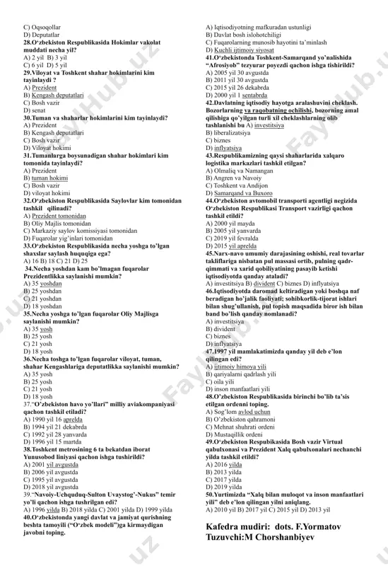 at gerbi b) davlat madhiyasi c) konstitutsiya d) davlat bayrog’i 13.o’zbekiston respublikasining milliy valyutasi – «so’m» qachondan muomalaga kiritildi? a) 1991 yil 18 noyabrdan b) 1992 yil 8 dekabrdan c) 1994 yil 1 iyuldan d) 1992 yil 2 iyuldan 14.1992 yil 8 dekabrda o’zbekiston respublikasining qaysi davlat ramzi qabul qilingan edi? a) davlat gerbi b) davlat madhiyasi c) konstitutsiya d) davlat bayrog’i 15.o’zbekiston respublikasi konstitutsiyasining tarkibi qanday? a) 5 bo’lim, 24 bob, 128 moddadan iborat b) 6 bo’lim, 25 bob, 126 moddadan iborat c) 5 bo’lim, 26 bob, 138 moddadan iborat d) muqaddima, 6 bo’lim, 27 bob, 155 moddadan iborat 16.o‘zbekiston respublikasining qaysi davlat ramzi nisbatan oldinroq qabul qilingan? a) davlat gerbi b) davlat bayrog‘i c) davlat madhiyasi d) konstitusiya 17. o‘zbekiston respublikasi konstitutsiyasiga qanday o‘zgartirish kiritiladi? a)referendum orqali b) oliy majlis yig‘ilishida s) senat yig‘ilishida d) oliy kengash yig‘ilishida 18.davlat hokimiyati necha bo‘g‘inga bo‘linadi? a) 1 b) 2 c) …