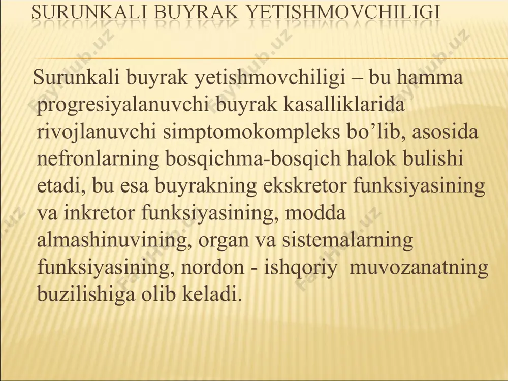 hi. diurez - kuchli poliuriya. gemoglobin – 67-83. mochevina – 10.1-19.0 mol/l. kreatinin - 0.3-0.6 mmol/l. koptokchalar filtasiyasi - 20-30 ml/min. qon elektorlitlari – giponatriemiya, gipokalsiemiya. metabolik asidoz – o’rta darajada rivojlangan. i buyrakni suyuqlik ajratish funksiyasi saqlangan. koptokchalar filtrasiyasi: 10-15 ml/min. azotemiya. asidoz o’rta darajada. iia oligo-, anuriya, suyuqlik ushlanishi, diselektrlitemiya. giperazotemiya. asidoz. yurak-qon sistemasida o’zgarishlar boshlanadi. arterial gipertenziya. qon aylanish etishmovchiligi iia. iib iia bosqichidagi o’zgarishlar ogirroq ko’rinishi. qon aylanish iib. iii ogir uremiya, giperazotemiya (>285 mmol/l), diselektrolitemiya, asidoz dekompensasiyalangan. ogir yurak va qon aylanish etishmovchiligi, yurak astmasi hurujlari, anasarka, ichki organlar ogir distrofiyasi. siydik konsentrasiyasining kamayishi sababli osmolyarligi qon osmolyarligiga teng bo'ladi. buyrak koptokchalarining filtrasiyasi hamda kanalchalarning reabsorbsiyasi pasayishi tufaylipoliuriya rivojlanadi va siydik bilan ko'p miqdorda natriy, hlor ajralib chiqadi va zardobdagi ularning miqdori pasayadi. sbe ning eng erta belgisi bo'lib, bu majburiy poliuriya hisoblanadi, bu davrda bemorning suyuqlik qabul qilishi tartibi buziladi, so'ngra esa buyraklar bu …
