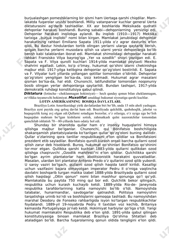 qoldi. xix asrning 70-yillarida aqsh—meksika (meksika 1821-yilda davlat mustaqilligini qo‘lga kiritgan edi) munosabatlari keskin- lasha bordi. bunga aqshning meksikani o‘ziga siyosiy va iqtisodiy qaram qilishga intilishi sabab bo‘ldi. chunonchi, 1876-yilda aqsh o‘ziga chegaradosh meksikaning shimoliy tumanlarida amerika korxonalari va temiryo‘llar qurish uchun meksika hukumatidan „ruxsat" so‘radi. biroq, hukumat bu murojaatni rad etgach, davlat to‘ntarishi uyushtirdi. aqsh va mahalliy pomeshiklar reaksiyasiga tayangan porfirio dias 1876-yilda prezident deb e'lon qilindi va bu lavozimda ozgina tanaffus bilan 1911 -yilgacha turdi. dias diktaturasi davri meksikani chet el monopoliyalarining yarim mustamlakasiga aylantirish davri bo‘ldi. dias idora qilgan davrning oxiriga borib, aqshning meksikaga qo‘ygan kapitali 1 mlrd. dollardan oshdi. holbuki, bu vaqtda buyuk britaniya kapitali 350 mln. dollardan oshmas edi. aqsh meksikaning neft konlarini o‘z qo‘liga oldi. tashqi savdoning 90 foizini o‘z nazoratiga bo‘ysundirdi. 1909-yilda esa meksikada hosil bo‘lmadi. oqibatda, dehqonlar g'alayoni boshlandi. dehqonlar harakatiga emiliano sapata rahbarlik qildi. sapata „dehqonlarni himoya qilish xuntasi"ni tuzdi. uning …