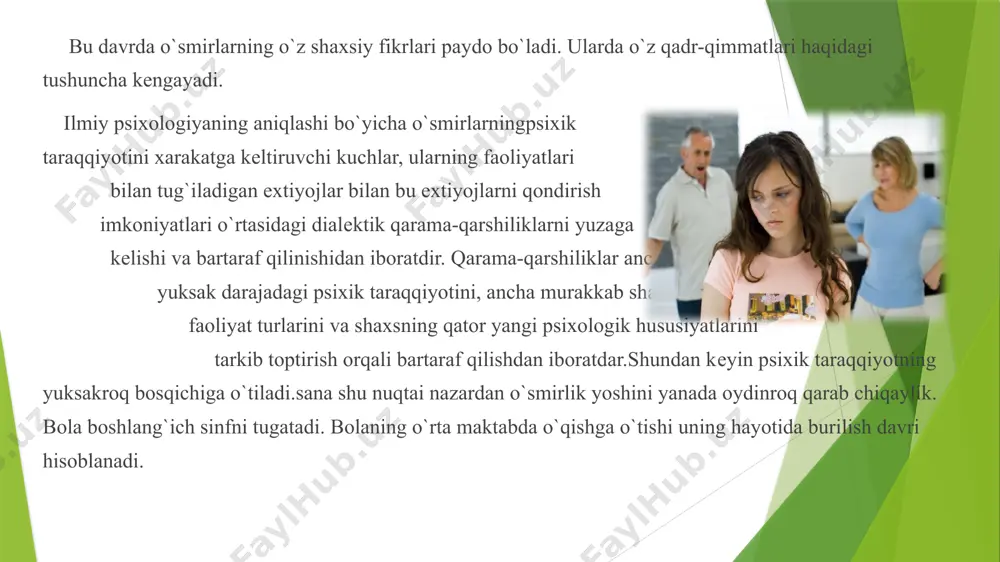 . o‘zaro ishonchni shakllantirish: o‘smir ota-onasiga sirini aytishga, maslahat so‘rashga ishonishi kerak. bu ishonch mehr, e'tibor va sabr orqali shakllanadi. jazo emas, tarbiya: o‘smir xatoga yo‘l qo‘ysa, u darrov jazolanmasligi, balki sabr bilan tushuntirilishi, xatoni tan olish va to‘g‘rilash yo‘llari ko‘rsatilishi kerak. uyda ijobiy muhit yaratish: ziddiyat, janjal, befarqlik muhitida ulg‘aygan o‘smir o‘zini yolg‘iz, tushkun va beqadr his qilishi mumkin. shu sababli oilada mehr, iliqlik va tushunuvchanlik muhitini yaratish juda muhim. 2. pedagogik yondashuv maktab va ta’lim muassasalari o‘smirlik davrida katta rol o‘ynaydi. o‘qituvchilar, sinf rahbarlari va maktab psixologlari o‘quvchilar bilan doimiy muloqotda bo‘lishi, ularni nafaqat o‘qitishi, balki tarbiyalashi ham zarur. individual yondashuv: har bir o‘smirning xarakteri, temperamentiga mos yondashuv kerak. kimdir gapirishni yoqtiradi, kimdir tinchroq, boshqasi esa do‘stlarga ko‘proq tayanadi. shunga qarab ish tutish muhim. faol tinglovchi bo‘lish: o‘quvchining muammosini eshitib, maslahat berish, unga yo‘l-yo‘riq ko‘rsatish, faqat tanbeh berish emas — bu zamonaviy pedagogikaning asosiy talabi. ijtimoiy ko‘nikmalarni rivojlantirish: …