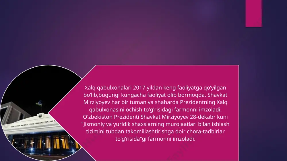 konvertatsiyaning yo‘qligiga bog‘langan iqtisodiyotning eski modelidan butunlay voz kechildi. natijada, valyuta konvertatsiyasi bo‘yicha 2017 yilda 22 mingdan ziyod murojaat kelib tushgan bo‘lsa, bu ko‘rsatkich 2018 yilda 124 tani, 2019 yili 156 tani, 2020 yilda 101 tani, 2021 yilda esa 33 tani tashkil qildi. toshkent shahri va toshkent viloyatida “propiska” tizimi tubdan isloh qilinishini ko‘plab yurtdoshlarimiz ko‘p yillar nihoyatda intiqlik va orziqish bilan kutgani rost. birgina shu tizimdagi islohotlar o‘z davlatimizda emin-erkin harakatlanishimiz, yashash va ishlash joyimizni ixtiyoriy tanlashimiz mumkinligi barobarida, konstitutsiyaviy huquqlarimiz og‘ishmay ta’minlanishini ham kafolatlab berdi. albatta, hayot shiddati, o‘zgarayotgan davr talabi, davlatimiz rahbari belgilab bergan yangi o‘zbekiston taraqqiyot strategiyasi xalq bilan muloqotning yangi-yangi ufqlarini belgilamoqda. mamlakatimiz taraqqiyotining yangi davri asosini tashkil qilayotgan “inson – jamiyat – davlat” tamoyili bugun prezident xalq qabulxonalari faoliyati uchun ham dasturilamalga aylangani har bir mahallaga, har bir xonadonga, har bir oilaga kirib borish, har bir inson qalbiga yo‘l topishga xizmat qilmoqda. xalq qabulxonalari …