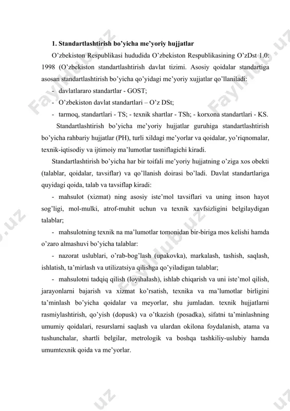 ardan okilona foydalanish, atama va tushunchalar, shartli belgilar, metrologik va boshqa tashkiliy-uslubiy hamda umumtexnik qoida va me’yorlar. davlat standartlari, milliy standart sifatida qabul qilingan xalqaro, mintaqaviy va davlatlararo standartlar o’zbekiston respublikasining barcha hududida va korxonalarida qo’llaniladi. tarmoq standartlari (ts) shu tarmoqda ishlab chiqariladigan va qo’llaniladigan mahsulot (xizmat)ga agar shu mahsulotga davlatlararo va davlat standartlari bo’lmasa ishlab chiqiladi. ts lar shu mahsulotni ishlab chiqaradigan tarmoq korxonalari va uni iste’mol qiladigan boshqa soha iste’molchilari uchun qonun kuchiga ega bo’ladi. texnik shartlar (tsh) aniq, mahsulot uchun ishlab chiqiladi: texnik shartlarda belgilanadigan talablar bir turli mahsulotlar guruhiga mo’ljallangan standartlarda belgilanadigan talablarga muvofiq yoki ulardan yuqori bo’lishi kerak. korxona standartlari (kst) faqat shu korxonada ishlab chiqariladigan mahsulot uchun ishlab chiqiladi va amalga kiritiladi. kst lap faqat shu korxona va uning mahsulotini iste’mol qiladigan iste’molchilar uchun qonun kuchiga ega. ma’lumki, har qanday tasdiqlangan me’yoriy hujjatlarga shartli belgilar beriladi. me’yoriy hujjatlarning shartli belgilari ularning indeksi, ro’yxatga olingan …