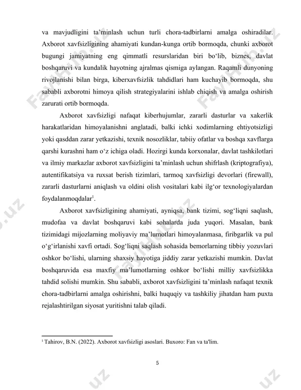aruvi kabi sohalarda juda yuqori. masalan, bank tizimidagi mijozlarning moliyaviy ma’lumotlari himoyalanmasa, firibgarlik va pul o‘g‘irlanishi xavfi ortadi. sog‘liqni saqlash sohasida bemorlarning tibbiy yozuvlari oshkor bo‘lishi, ularning shaxsiy hayotiga jiddiy zarar yetkazishi mumkin. davlat boshqaruvida esa maxfiy ma’lumotlarning oshkor bo‘lishi milliy xavfsizlikka tahdid solishi mumkin. shu sababli, axborot xavfsizligini ta’minlash nafaqat texnik chora-tadbirlarni amalga oshirishni, balki huquqiy va tashkiliy jihatdan ham puxta rejalashtirilgan siyosat yuritishni talab qiladi. 1.1.1 - avtomatlashtirish. axborot xavfsizligini boshqarishning samarali usullaridan biri bu xodimlarning axborot xavfsizligi bo‘yicha xabardorligini oshirishdir, chunki aksariyat xavfsizlik muammolari inson omiliga bog‘liq bo‘ladi. ko‘p hollarda, xodimlarning bilimsizligi yoki ehtiyotsizligi natijasida ma’lumotlar buziladi yoki ruxsatsiz shaxslarning qo‘liga tushadi. shu sababli tashkilotlar muntazam ravishda xodimlar uchun axborot xavfsizligi bo‘yicha trening va seminarlarga e’tibor qaratishlari lozim. umuman olganda, axborot xavfsizligi bugungi raqamli jamiyatning ajralmas qismi bo‘lib, uni samarali boshqarish har qanday tashkilot yoki davlat muassasasining muvaffaqiyati va barqarorligi uchun muhim hisoblanadi. shu sababli, xavfsizlik siyosatini …