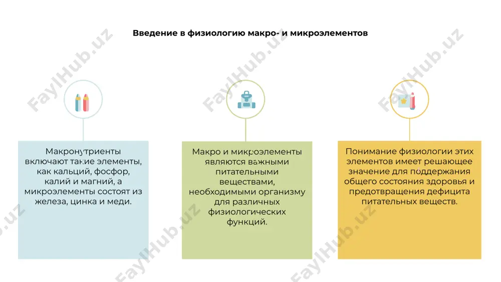 спектре физиологических процессов. сера является ключевым компонентом аминокислот, витаминов и гормонов. он жизненно важен для синтеза белка, функции ферментов и поддержания структурной целостности тканей. понимание физиологической роли фосфора и серы имеет решающее значение для поддержания оптимального здоровья и поддержки различных биологических функций в организме. микроминералы и их влияние на здоровье 1 2 3 2 микроэлементы, такие как железо и цинк, играют решающую роль в поддержании оптимального здоровья на клеточном уровне. эти микроэлементы необходимы для различных физиологических процессов, включая активацию ферментов и иммунную функцию. 1 дефицит микроэлементов может привести к ряду проблем со здоровьем: от нарушения когнитивного развития до ослабления иммунного ответа. важно обеспечить адекватное поступление этих микроэлементов посредством сбалансированной диеты или добавок. 3 понимание физиологии микроэлементов имеет решающее значение для поддержания общего благополучия и предотвращения дефицита питательных веществ. включая в свой рацион разнообразные продукты, богатые питательными веществами, мы можем поддерживать функции нашего организма и способствовать долгосрочному здоровью. железо: незаменимый микроэлемент …