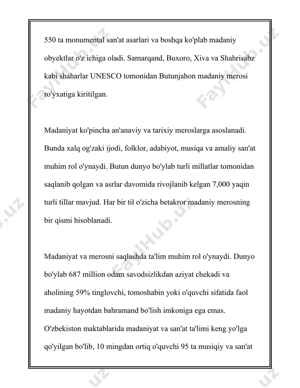 gilarni inobatga olgan holda, o‘zbekiston o‘zining boy va xilma-xil tarixiy merosini saqlash va rivojlantirishga jiddiy e'tibor qaratmoqda. bu boradagi ishlar nafaqat milliy, balki xalqaro amaliyotlar bilan boyitilib, zamon talablariga mos tarzda amalga oshirilmoqda. 3. madaniy merosning avlodlarga etkazilishi "madaniy meros" tushunchasi insoniyat tarixiy taraqqiyotining muhim jihatlarini ifodalaydi va ajdodlarimiz tomonidan yaratilgan moddiy va ma'naviy boyliklarni o'z ichiga oladi. bu meros avlodlarga uzatilishi orqali kelajak avlodlar o'z tarixlarini, milliy va madaniy qadriyatlarini o'rganishlari mumkin. madaniy merosning avlodlarga etkazilishi nafaqat uning saqlanishi, balki jamiyatdagi har bir shaxsning bu boyliklarni qadrlashini ta'minlaydi. 2021 yilda o'zbekiston respublikasi bo'yicha madaniy meros agentligi tomonidan taqdim etilgan ma'lumotlarga ko'ra, mamlakatda rasman 7,000 dan ortiq madaniy meros obyektlari ro'yxatga olingan. shulardan 4,500 dan ortig'i arxeologik yodgorliklar, 2,500 dan ziyodi esa arxitektura va shaharsozlik yodgorliklaridir. ushbu obyektlar orasida ko'plab masjidlar, maqbara va qal'alar mavjud bo'lib, ularning aksariyati yuneskoning jahon merosi ro'yxatidan joy olgan. samarqand, buxoro va xiva shaharlaridagi tarixiy …