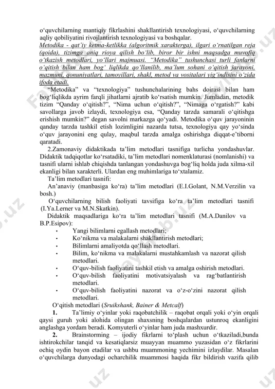 a’lim-tarbiya jarayonini tashkil etish va boshqarish tamoyillari, yo‘llari, umummadaniy dunyoqarashni shakllantirishga xizmat qiluvchi metod va uslublar, talabalar shaxsi faoliyatni to‘g‘ri tashkil etish, ular bilan hamkorlik qilish, muloqotga kirishish, pedagogik faoliyatini tashkil etish jarayonida yuzaga keluvchi muammo va qarashlarni birgalikda hal etish, auditoriyada ijodiy hamkorlik, ishchanlik muhitini hosil qilishga doir shakl va metodlar bilan qurollangan bo‘lishi lozim. ta’lim amaliyotida “pedagogik texnologiya” tushunchasi uch darajada qo‘llaniladi: umumpedagogik (makro) daraja. mazkur darajaga muvofiq keladigan texnologiyalar yaxlit pedagogik jarayonga tegishli bo‘lib, ularga muammoli, tabaqalashtirilgan, integratsion, shaxsga yo‘naltirilgan, rivojlantiruvchi, modulli, masofali o‘qitish texnologiyalarini misol sifatida keltirish mumkin. mazkur texnologiyalar innovatsiya tavsifiga ega bo‘lib, novator o‘ qituvchilar, olimlar va izlanuvchilar tomonidan ishlab chiqiladi hamda samaradorligi kafolatlanganidan va amaliyotga keng tatbiq etish imkoniyatiga ega bo‘linganidan so‘ng uni amaliyotchi o‘qituvchilar o‘z faoliyatida qo‘llaydilar. xususiy-metodik (mezo) daraja. ushbu daraja o‘zida ma’lum bir o‘quv fanini o‘qitish jarayonini loyihalash va rejalashtirishni o‘zida aks ettiradi. masalan, boshlang‘ich sinf o‘qituvchisi o‘qish darsini har …