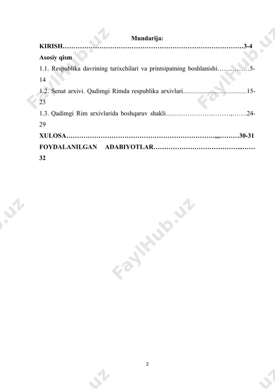 vlarga nisbatan maqsadli yo’naltirlgan jamoatchilik fikrini shakllantirishdan iborat. kurs ishining vazifalari. ma’lumki rim juda qadim va kata davrni hamda juda keng geografik mintaqani, shuningdek, tub burilish, yuksalish va inqiroz bosqichlarini ham o’z ichiga oladi.u xilma –xil ijtimoiy voqea va hodisalarga, har xil diniy va madaniy qatlam, g’oyaviy dunyoqarash, falsafiy oqimlarga boy, jahon sivilizatsiyasining eng qadimiy va navqiron o’choqlaridan biri hisoblanadi. kurs ishining obyekti. qadimgi rim respublika arxivlarining tarixiga oid adabiyotlar, aniq faktlarga asoslangan holda qadimgi rimda respublika davridagi arxivlarni mavzusini yoritish. kurs ishining predmeti. qadimgi rimda respublika arxiv ishini o’rganishda albatta moddiy va manaviy manbalarning o’rni kattadir. shuni inobatga olgan holda bizgacha yetib kelgan manbalar, tarixchi olimlar yozgan asarlari hamda saqlanayotgan qadimgi rimda respublika arxiv ashyolari va suratlardan o’rganish orqali bu kurs ishini yoritish. kurs ishining amaliy ahamiyati. turli manba va adabiyotlarnitahliliy solishtirish va qiyoslash vositasida rim davlatini tarixiy hayot tarzi va hozirgi kunda ularning tarixini o’rganishda amalga oshirilayotgan keng …