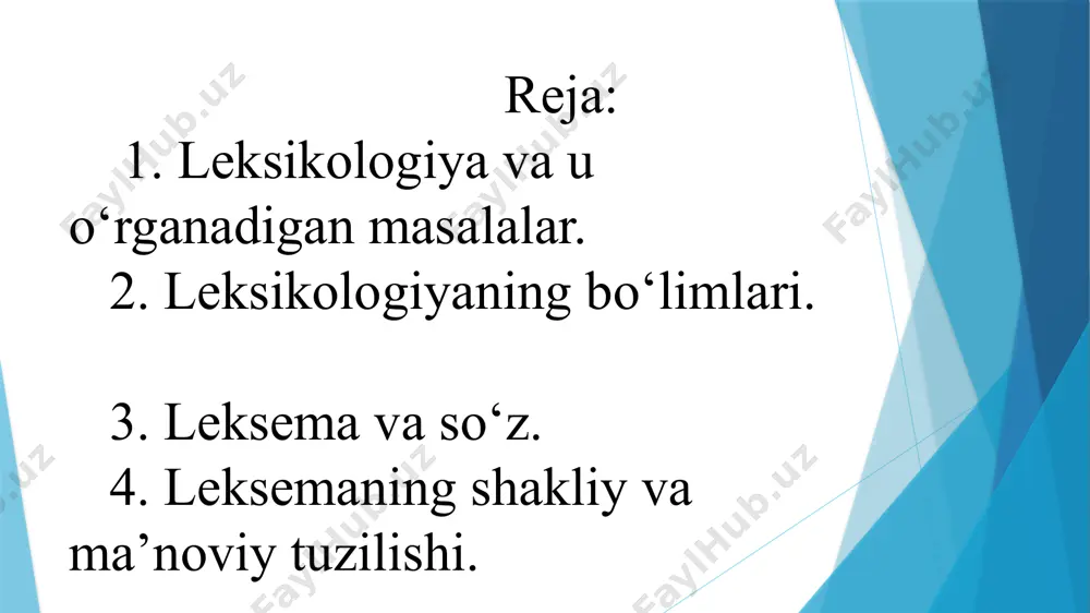 niyatlarini o‘rganuvchi bo‘lim. onomasiologiyada narsa-buyumlar va hodisalarga nom berish jarayoni, onomastikada esa narsa-hodisalarning maxsus nomlari – atoqli otlar o‘rganiladi. leksik (lug‘aviy, atash) ma’no o‘z va ko‘chma ma’no bir ma’nolilik va ko‘p ma’nolilik ma’no ko‘chish turlari, tabu, evfemizm va disfemizm so‘zlarning shakl va ma’no munosabatiga ko‘ra turlari o‘zbek leksikasining boyish manbalari yangi so‘zlar o‘z va o‘zlashma qatlam eskirgan so‘zlar terminlar sheva lahja varvarizm vulgarizm argo(tizm) jargon ibora maqol matal hikmatli so‘z tasviriy ifoda 1.tarixiy leksikologiya 2.zamonaviy leksikologiya 3.tasnifiy leksikologiya 4.qiyosiy leksikologiya lisoniy birlik leksema so‘zning grammatik (shakl yasovchi) qo‘shimchalarisiz qismi. so‘z lug‘atlarda leksema shaklida beriladi. nutq birligi so‘z (so‘zshakl) leksemaning nutqda voqelanishi. nutqda grammatik qo‘shimchalarni olib ham, olmasdan ham kelishi mumkin. quyidagi gapda leksema va so‘zlarni farqlang. bog‘bon gullagan olma shoxidan sindirdi. so‘z quyidagi gapda leksema va so‘zlarni farqlang. bog‘bon gullagan olma shoxidan sindirdi. leksema leksik ma’no (lug‘viy ma’no) masalan, suvdon so‘zi «qushlarga suv beriladigan idish», suvchi so‘zi «ekinlarni, xususan g'o'zalarni …