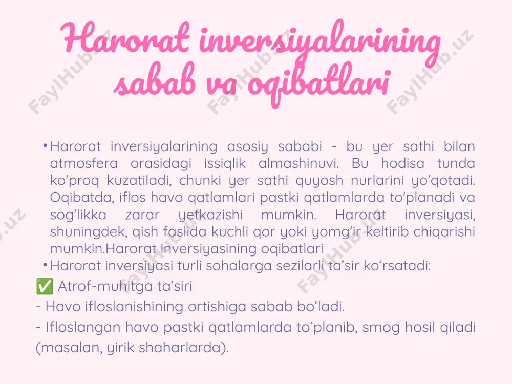 slanishini kamaytirish (avtomobillar va sanoat chiqindilarini nazorat qilish). - shaharlarda yashil hududlarni ko‘paytirish, daraxt ekish. - qishloq xo‘jaligida sovuqdan himoya choralarini ko‘rish (masalan, sug‘orish yoki tutun hosil qilish orqali haroratni boshqarish). - texnologik usullar bilan atmosferani monitoring qilish va parvozlarni rejalashtirish. harorat inversiyalari tadqiqotlari harorat inversiyalari haqida olingan tadqiqotlarning ko'lami kengaymoqda. meteorologik tadqiqotchilar inversiyalarning paydo bo'lish sabablarini va ularning atrof muhitga ta'sirini o'rganadilar. ta'kidlanishicha, harorat inversiyalari qishloq va shahar joylaridagi havo qulashi bilan bog'liq. shuningdek, iqlim o'zgarishlari inversiyalarning davomiyligi va intensivligini o'zgartirishi mumkin. tadqiqot natijalari iqlimshunoslik fanida muhim hisoblanadi. xulosa harorat inversiyalari tabiatdagi murakkab hodisa bo'lib, ular iqlim, atmosfera va ekotizimga sezilarli ta'sir ko'rsatadi. ushbu inversiyalar bilan bog'liq tadqiqotlar davom etmoqda. o'rganishlar davomida harorat inversiyalarini belgilash va monitoring qilish olib borilmoqda, bu o'z navbatida shu hodisalar haqida ko'proq to'liq ma'lumot olish imkoniyatini yaratadi. harorat inversiyalari bilan kurashish uchun innovatsion yondoshuvlar zarur.bu jarayon tabiiy ravishda yuzaga keladi, lekin uning salbiy oqibatlarini …