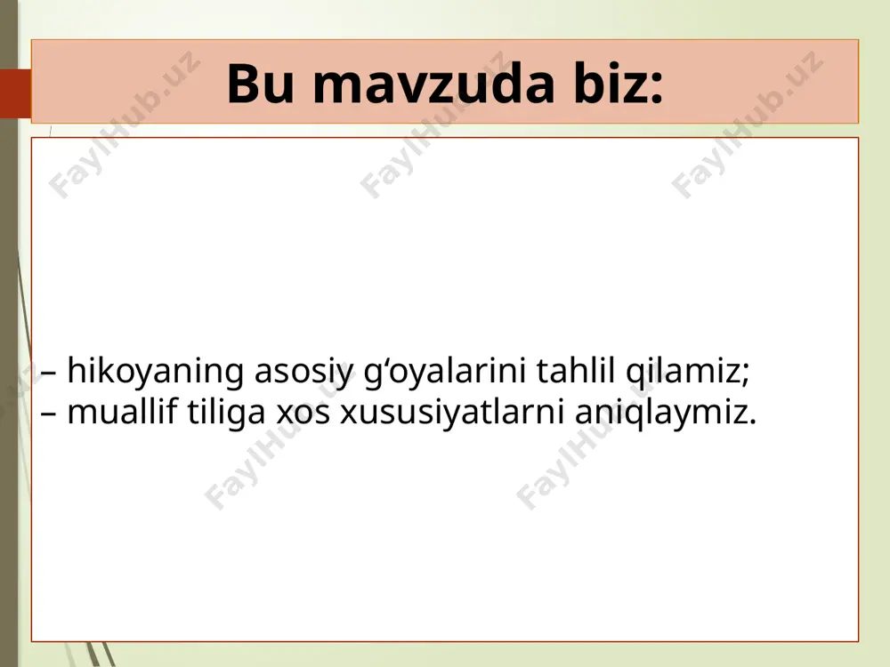 ydalanadi: oqposhsho – rossiya imperiyasi hukmdorini xalqimiz shunday atagan; ellikboshi – mahalla yoki ovul rahbari; mingboshi – tuman yoki daha hokimi; amin – bir necha qishloqni boshqargan amaldor; pristav – politsiya boshlig‘i; tilmoch – tarjimon. asar qahramonlari qobil bobo o’g’ri qobil boboning kampiri amin pristav ellikboshi egamberdi paxtafurush diqqat! savol! “dehqonning uyi kuysa kuysin, ho‘kizi yo‘qolmasin. … ho‘kiz topish uchun necha zamonlar qozonni suvga tashlab qo‘yish kerak bo‘ladi”. o‘ylab ko‘ring­chi, nega ho‘kiz dehqon uchun juda muhim hayvon bo‘lgan? ho’kizi yo‘qolgan qobil boboning holati qobil bobo yalangbosh, yalangoyoq, yaktakchan og‘il eshigi yonida turib dag‘-dag‘ titraydi, tizzalari bukilib-bukilib ketadi; ko‘zlari javdiraydi, hammaga qaraydi, ammo hech kimni ko‘rmaydi. qobil boboning holatiga e’tibor bering. nega u “titraydi, tizzalari bukilib ketadi, ko‘zlari javdiraydi”? asardagi ellikboshining “portret”i ellikboshi ho‘kizni juda naqd qilib qo‘ydi – go‘yo u ko‘chaga chiqsa bas – ho‘kiz topiladi. bu “xudo yallaqagur” shunchalik qilgandan keyin bir nima berish lozim-da. tekinga mushuk oftobga chiqmaydi. …
