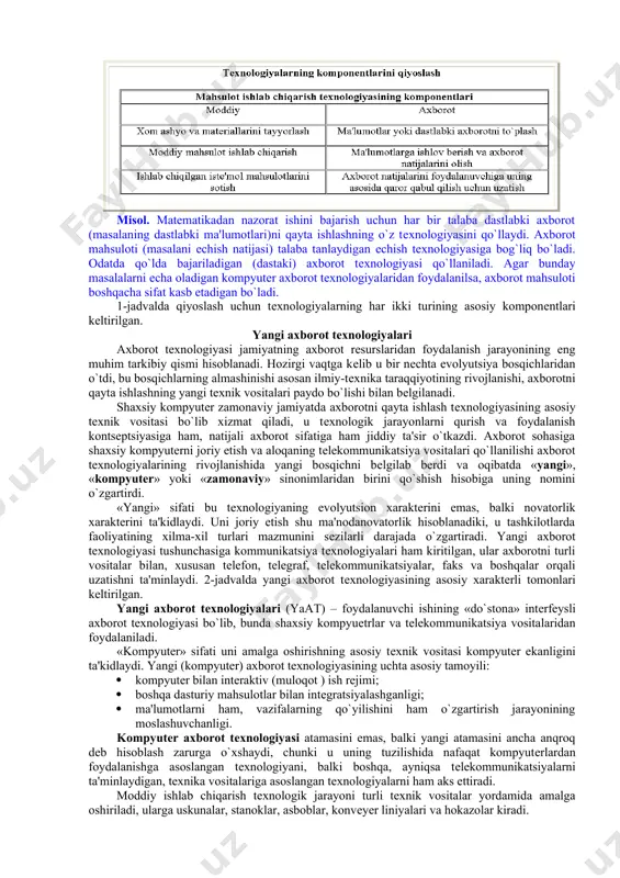 onlarini ma'lum darajada avtomatlashtirishga oid muammolarni echish bilan shug’ullanadi. bunda ular maxsus firmalarning mutaxassislari bilan uchrashadi, ularning faoliyati bilan yaqindan tanishadi, ular ishlab chiqaradigan mahsulotlarni ko’radi va pirovardida o’zida avtomatlashtirish uchun kerak bo’ladigan texnik jihozlarni xarid qiladi. albatta, tashkilotlarga o’rnatilgan avtomatlashtirish jihozlari yildan-yilga yangilanib, texnik jihatdan takomillashtirib boriladi. xx asrning so’nggi o’n yili mobaynida axborotlar bilan ishlash va axborotlashtirish juda rivojlandi. bunga sabab shundaki, kundalik turmushda axborotlar, ularni qayta ishlash va uzatishning ahamiyati ortib bormoqda. bu esa, o’z navbatida jamiyatning har bir a'zosidan axborotlashtirish va axborot texnologiyalari sirlarini, uning qoida va qonuniyatlarini mukammal bilishni taqozo etadi. respublikamiz mustaqillikka erishganidan so’ng, axborotlashtirish va axborot texnolgiyalaridan foydalanish yo’nalishida katta tadbirlar amalga oshirildi. hukumatimiz tomonidan qabul qilingan «ta'lim to’g’risida»gi qonunda bu dasturning tub mohiyati bayon etilgan. shuningdek, so’nggi 5—6 yil ichida bu sohada qabul qilingan qator hujjatlar axborotlashgan jamiyatni qurish eng oliy insoniy orzu-niyatga aylanganligidan dalolat beradi. jamiyatni axborotlashtirish deganda, zamonaviy axborot tehnologiyalar …