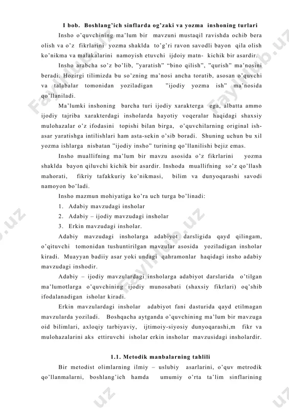 hqacha aytganda o’quvchining ma’lum bir mavzuga oid bilimlari, axloqiy tarbiyaviy, ijtimoiy-siyosiy dunyoqarashi,m fikr va mulohazalarini aks ettiruvchi isholar erkin insholar mavzusidagi insholardir. 1.1. metodik manbalarning tahlili bir metodist olimlarning ilmiy – uslubiy asarlarini, o’quv metrodik qo’llanmalarni, boshlang’ich hamda umumiy o’rta ta’lim sinflarining darsliklarini tahlil qilganda, boshlang’ich sinfda o’quvchilarni insho yozishga o’rgatish borasidagi masalalarga alohida e’tibor berishimiz lozim. sinov insholari o’rganilgan mavzularga doir bilimlarni, insho yozish ko’nikma va malakalarini sinash uchun yirik mavzular tugagandan so’ng, choraklar yoki o’quv yili oxirida, olimpiadalarda o’tkaziladi bundan tashqari ushbu darslikda inshoga epigraf tanlash xususida ham bir qator fikrlar bildirilgan. ”inshoning mazmuniga mos keluvchi mashhur hikmatli so’z, maqol, ibora yoki badiiy parcha epigraf deyiladi”. epigraf, odatda rejadan keyin, insho matnidan oldin, saxifaning o’ng chekkasiga yoziladi. epigraf bo’lgan matndan so’ng (so’roq yoki undov gap bo’lmasa) nuqta qo’yiladi. muallifi qavs ichida yoziladi. inshoda epigraf bo’lishini qat’iy talab tushunmaslik kerak, u tamoman ixtiyoriydir. lekin, mavzuga ichki mazmuniga xamoxang keluvchi …