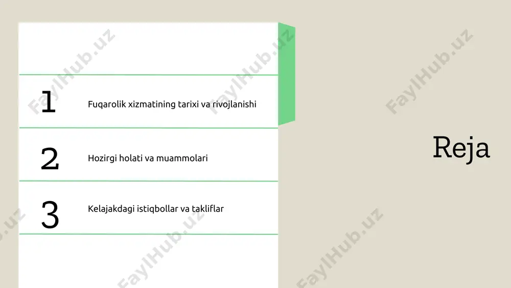 bekistondagi muvaffaqiyatlar va qiyinchiliklar o'zbekistonda fuqarolik xizmatida qator muvaffaqiyatlar bor, lekin qiyinchiliklar, masalan, malakali kadrlar yetishmasligi ham mavjud. bu muammolarni hal qilish zarur. kutilayotgan kelajakdagi rivojlanish kelajakda pokistonda fuqarolik xizmatlari yanada rivojlanishi kutilmoqda, bu esa davlat boshqaruvini samarali qilish va fuqarolar uchun qulay sharoitlar yaratishga xizmat qiladi. muammolar va chaqiriqlar fuqarolik xizmatida mavjud muammolar: - ishchilarning malaka oshirish va o'qitish imkoniyatlarining yetarli emasligi. - shaxsiy manfaatlar va korrupsiya muammolari. - qonunchilikdagi noaniqliklar va bajarilishdagi kamchiliklar. - fuqarolar bilan aloqa va xizmat ko'rsatishda ochiqlikning yetishmasligi. hal etish uchun takliflar: fuqarolik xizmatining sifatini oshirish uchun malaka oshirish dasturlarini joriy etish va kengaytirish zarur. bunda, davlat xizmatchilarining bilim va ko'nikmalarini yangilashga qaratilgan treninglar o'tkazish muhimdir. korrupsiyaga qarshi kurashish uchun qat'iy qonunchilik va nazorat mexanizmlarini kuchaytirish lozim. ommaviy fikr va davlat siyosati o'rtasidagi bog'liqlik: ommaviy fikr fuqarolik xizmatiga bo'lgan ishonchni oshirishi yoki pasaytirishi mumkin, shuning uchun davlat siyosati ochiqlik va hisobdorlik tamoyillariga asoslanishi kerak. …