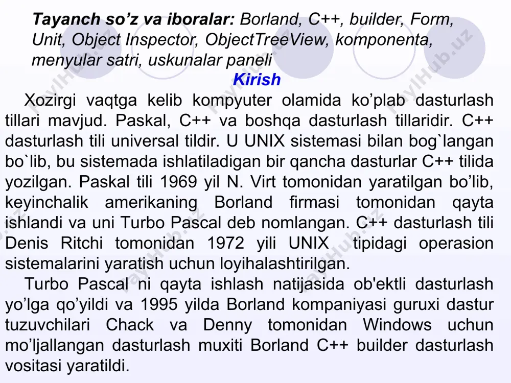 r, rasmlar, yozuvlar, taymerlar, kalendar va hokazolarni ilovaga kiritishimiz mumkin. vizual komponentalar palitrasi ma’nosiga va vazifasiga ko’ra guruhlarga ajratilgan. vizual komponentalar palitrasi. vizual komponentalar palitrasini bir qismi monitorda ko’rinib turadi, qolganlarini o’ng va chapga siljituvchi tugmachalar vositasida ko’rishimiz mumkin. ekran (monitor) markazida forma (shakl) dizayneri joylashgan. bu bo’lg’usi dasturning interfeysini hosil qiluvchi oynadir. oynaning nomi va sarlavhasi uning tepasida yozilgan bo’ladi. odatda, form l (form 2, form 3, form 4) va shuningdek oynani berkituvchi va kichraytiruvchi tugmachalar ekranning o’ng tepasida joylashgan bo’ladi. oynaning sathiga vizual dastur uchun zarur bo’ladigan vcl komponentalar joylashtiriladi. forma (shakl ) dizayneri dastur kodi muharriri obyektlar inspektori oynasi obyektlar inspektori oynasi ostida obyektlarni daraxtsimon ko’rinishi oynasi joylashgan. bu oynada ilovadagi barcha obyektlar daraxt strukturasi shaklida ifodalangan bo’ladi. formalar, dastur kodi va boshqa dastur tarkiblari fayllari berilgan bo’ladi. obyektlarni daraxtsimon ko’rish oynasi borland c++ builder 6 muhiti asosiy menyu buyruqlari file buyrug’i guruhi bu menyu buyruqlari fayllar …