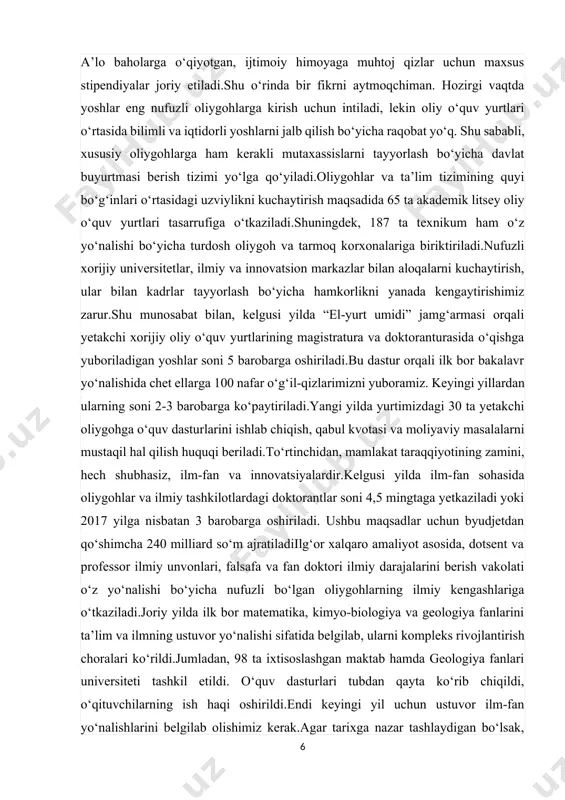 tildi. o‘quv dasturlari tubdan qayta ko‘rib chiqildi, o‘qituvchilarning ish haqi oshirildi.endi keyingi yil uchun ustuvor ilm-fan yo‘nalishlarini belgilab olishimiz kerak.agar tarixga nazar tashlaydigan bo‘lsak, dunyodagi deyarli barcha kashfiyot va texnologiyalarni yaratishda fizika fani fundamental asos bo‘lganini ko‘ramiz.haqiqatan ham, fizika qonuniyatlarini chuqur egallamasdan turib, mashinasozlik, elektrotexnika, ay-ti, suv va energiyani tejaydigan texnologiyalar kabi bugun zamon talab qilayotgan sohalarda natijaga erishib bo‘lmaydi.buyuk mutafakkir shoirimiz mir alisher navoiy o‘z davrida yoshlarga murojaat qilib, “quyoshliq istasang, kasbi kamol et”, deb yozganlar.chindan ham, odamlarga quyoshdek beminnat nur tarqatishni, yaxshilik qilishni istaydigan inson kamolotga intilib, turli ilm va kasb-hunarlarni o‘zlashtirishi lozim.hozirgi davrda xorijiy tillarni mukammal o‘rganmasdan turib, buyuk bobomiz aytgan ana shunday marralarga erishib bo‘lmaydi, desak, adashmagan bo‘lamiz.bunday o‘tkir talabga amal qilib, kelgusi yilda fizika va chet tillarini o‘rganishni ustuvor yo‘nalish etib belgilashni taklif etaman.shu maqsadda, kelgusi yilda ta’limning barcha bo‘g‘inlarida ushbu fanlarni o‘qitish sifatini tubdan oshirish, ixtisoslashgan maktablar ochish, malakali pedagoglarni jalb etish kabi tizimli …