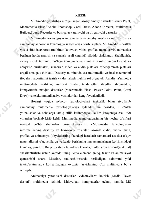 chta elementi (nutq, tasvir va animatsiya) qatnashishi shart. masalan, radioeshittirishda beriladigan axborotni yoki teleko‘rsatuvlarda ko‘rsatiladigan ovozsiz tasvirlarning o‘zi multimedia bo‘la olmaydi. animatsiya yaratuvchi dasturlar, videofayllarni ko‘rish (media player dasturi) multimedia tizimida ishlaydigan kompyuterlar uchun, kamida ms windows 3.0 versiyasidagi va undan yukori bo‘lgan operatsion sistemasi mavjud bo‘lishi shart. ibm va microsoft firmalarining birgalikdagi ishlari natijasida ma’lumotlarni turli formatlarini ta’riflaydigan spetsifikatsiyalar va dasturiy interfeyslar yaratilgan. windows muhitida multimedia dasturlarini amalga oshirish uchun microsoft firmasi tomonidan multimedia viewer publishing toolkit nomli maxsus dasturlar paketi ishlab chiqilgan. bu paket quyidagi qismlardan iborat: multimedia extension – tarkibida biblioteka, drayverlar va dasturlar mavjud. ular windows operatsion tizimining multimedia funksiyalari bilan ishlash uchun imkoniyatlarni kengaytiradi; api (application programming interface) – tarkibida si dasturlash tili uchun muljallangan bibliotekalar, dastlabki fayllar, dasturlarda xatolarni aniklaydigan otladchik.; vat (viewer author toolkit) – bu kism multimedia vositalarini ishlab chikuvchilar uchun muljallangan. masalan, matn, tasvir, tovush, animatsiya bilan ta’minlangan takdimotlarni yaratish va …