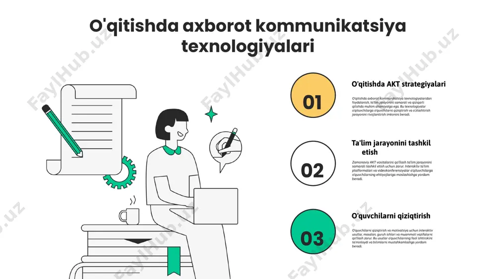 o'quvchilarni mustaqil fikrlashga va innovatsion yechimlarga rag'batlantiradi. misol uchun, masofaviy ta'lim platformalari o'quvchilarga o'ziga mos keladigan vaqt va joyda o'rganish imkonini beradi. didaktik jarayonni rivojlantirishdagi roli axborot texnologiyalari va didaktika 01 02 03 raqamli vositalar va o'qitish raqamli vositalar: ta'rifi va afzalliklari raqamli vositalar, ta'lim jarayonida samaradorlikni oshirish uchun ishlatiladigan texnologiya va platformalardir. ularning afzalliklari orasida ma'lumotlarni tez qidirish, o'quvchilarni interaktiv tarzda jalb qilish va ta'lim sifatini oshirish imkoniyatlari mavjud. o'qitishda qo'llanilishi: misollar raqamli vositalar o'qitishda ko'plab misollar orqali namoyon bo'ladi. masalan, google classroom, zoom va kahoot kabi platformalar o'qituvchilarga darslarni masofaviy o'qitish va o'quvchilarga interaktiv o'yinlar orqali bilimlarini mustahkamlash imkonini beradi. bu vositalar o'quvchilarning qiziqishini oshirish va ular o'rtasida samarali muloqotni ta'minlashga yordam beradi. o'quvchilarning raqamli kompetensiyalari o'quvchilarning raqamli kompetensiyalari - bu ularning raqamli vositalarni samarali va maqsadli ishlatish qobiliyatidir. bunga raqamli axborotlarni izlash, tahlil qilish va yaratish ko'nikmalari kiradi. bunday kompetensiyalar o'quvchilarni zamonaviy ish bozorida muvaffaqiyatli bo'lishlari uchun …