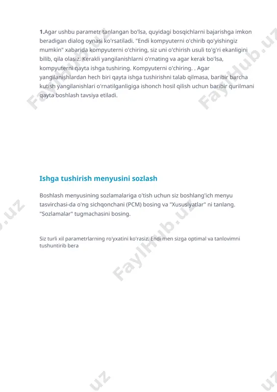 rsiyalariga parol qo‘yish 1. bularda «pusk»ni bosib, «panel upravleniya»ni, keyin esa «uchyotnie zapisi polzovateley»ni tanlashingiz lozim. 2. kerakli akkaunt (uchyotnaya zapis)ni tanlab, «sozdaniye parolya»ni bosing, yoki birdaniga o‘z akkauntingizga parol yaratish uchun «sozdaniye parolya svoyey uchyotnoy zapisi»ni bosing. 3. tizim ko‘rsatmalariga amal qilgan holda tegishli maydonchalarni to‘ldirib chiqqach, «sozdat parol» tugmachasini bosing. 4. 1.windows operatsion sistemasining imkoniyatlari hamda rivojlanish bosqichlari. 2. windows amaliy operatsion dasturining asosiy xususiyatlari va uning boshqa sistemalardan farqi 3. windows ning asosiy turlari va imkoniyatlari. 4. windows 2000 operatsion sistemasida fayllar joylashuvi va sichkonchani ishlatish 5.ishchi guruhlar va matn muharriri 6.windows 2000 imkoniyatlarini urganish. 7.windows 2000 ish stoli va ekranining tuzilishini o`rganish 8.operatsion muhitda fayllar, papkalar va disklarni boshqarish 9.windows 2000 ning yordam sistemasini ishlatish usullarini o`rganish 10. windows 2000 ga xilma-xil programmalarni o`rnatish va ular bilan ishlashni tashkil qilish 11.windows 2000 ning boshqa standart programmalarini ishlatish bu operatsion sistemaning nomi «darcha» so`zining inglizcha aytilishi bo`lib, …