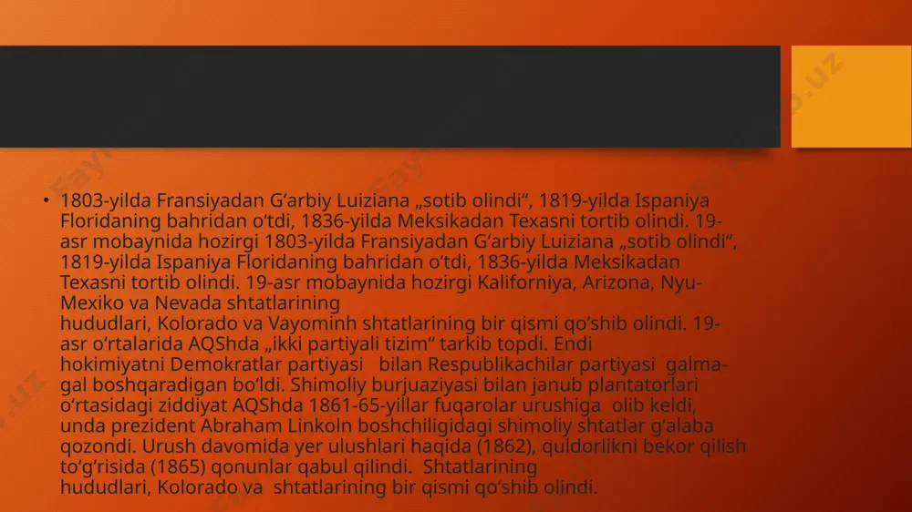 -yillarda vyetnamda urush olib bordi. 1945-yildan aqsh — bmt, shuningdek amerika davlatlari tashkiloti, nato aʼzosi. siyosiy hayoti. aqshning amaldagi konstitutsiyasi 1787-yilda qabul qilingan. davlat va hukumat boshligʻi, qurolli kuchlar bosh qoʻmondoni — prezident, uning vakolatlari juda katta. vitse-prezident bilan birga bavosita, ikki bosqichli saylov yoʻli bilan (saylovchilar hayʼati orqali) 4 yil muddatga saylanadi. qonun chiqaruvchi hokimiyatni senat va vakillar palatasidan iborat ikki palatali kongress amalga oshiradi. senatda 100 senator bor (ular 6 yil muddatga, har shtatdan 2 tadan saylanadi va 1/3 qismi har 2 yilda yangilab turiladi). vakillar palatasiga 435 deputat 2 yilga saylanadi. ijrochi hokimiyat organi — aqsh hukumati prezident tomonidan senatning roziligi bilan tayinlanadi; 13 vazirdan iborat boʻladi. hukumat kongress oldida masʼul emas. har bir shtatning oʻz konstitutsiyasi bor. shtatdagi qonun chiqaruvchi hokimiyatni qonun chiqaruvchi majlis, ijrochi hokimiyatni esa gubernator amalga oshiradi. aqsh davlatining konstitutsiyaviy tizimiga uch siyosiy-huquqiy qoida asos qilib olingan, bu qoidalar — hokimiyatning boʻlinishi, federalizm …