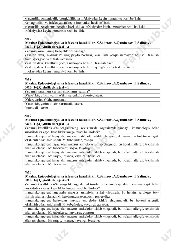 tet hosil bo’lishi. infeksiyadan keyin immunitet hosil bo’lishi. №17 manba: epizootologiya va infeksion kasalliklar. x.salimov, a.qambarov, i. salimov., bob. 1-§.qiyinlik darajasi – 2 yuqumli kasallikning bosqichlarini sanang? yashirin davr, 1-klinik belging paydo bo’lishi, kasallikni yorqin namoyon bo’lishi, tuzalish davri, qo’zg’atuvchi tashuvchanlik. yashirin davr, kasallikni yorqin namoyon bo’lishi, tuzalish davri. yashirin davr, kasallikni yorqin namoyon bo’lishi, qo’zg’atuvchi tashuvchanlik. infeksiyadan keyin immunitet hosil bo’lishi. №18 manba: epizootologiya va infeksion kasalliklar. x.salimov, a.qambarov, i. salimov., bob. 1-§.qiyinlik darajasi – 1 yuqumli kasallikni kechish shakllarini sanang? o’ta o’tkir, o’tkir, yarim o’tkir, surunkali, abortiv, latent. o’tkir, yarim o’tkir, surunkali. o’ta o’tkir, yarim o’tkir, surunkali, latent. surunkali, latent. №19 manba: epizootologiya va infeksion kasalliklar. x.salimov, a.qambarov, i. salimov., bob. 1-§.qiyinlik darajasi – 3 yuqumli kasallikda o’ta sezgirlikning sekin turida organizmda qanday immunologik holat kuzatiladi va qaysi kasalliklar bunga misol bo’laoladi? immunokompetent hujayralar maxsus antitelolar ishlab chiqarmaydi, ammo bu holatni allergik tekshirish bilan aniqlanadi. m: tuberkulez, manqa. …