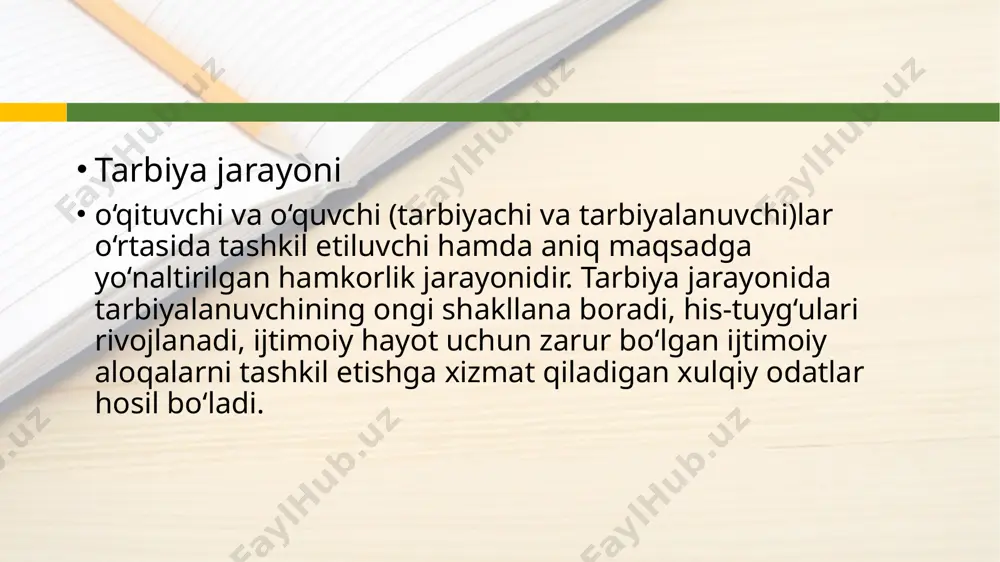 o’z ustida ongli batartib ishlashga ehtiyoj paydo bo’lgandagina tarbiya jarayonini samarali deb hisoblasa bo’ladi. o’z - o’zini tarbiyalash o’quvchilarning o’zini - o’zi idora qilishi organlari faoliyatida qatnashishlari, ularning ijtimoiy faollik mavqeini shakllantirishning ta’sirchan vositasidir 18 rag’batlantirishning quyidagi turlari mavjud. o’quvchining kuchi yetadigan mas’uliyatli topshiriq berish orqali bolaga ishonch bildirish; maqtash: (ota - ona, jamoa oldida); esdalik sovg’a berish; maqtov yorlig’i berish; stipendiya bilan taqdirlash; teleko’rsatuvlarda maqtash; hurmat taxtasiga rasmini qo’yish; qo’llab-quvvatlash; 19 pedagogikada jazolash usuliga qanday qaraladi, uning qanday turlari qo’llaniladi degan savolning tug’ilishi tabiiy. tanbeh berish - eng yengil jazo chorasi bo’lib hisoblanadi. ogohlantirish - noma’qul xatti - harakatlarning oldini olish uchun ishlatiladi. hayfsan berish - tanbeh va ogohlantirish kutilgan natija bermasa, o’quvchi intizomni buzaversa, hayfsan beriladi. uyaltirish - odamning eng nozik sezgilaridan biri uyat, or - nomus sharmu hayodir. 20 odamda izzat - nafs, odamiylik qancha kuchli bo’lsa, o’zini - o’zi avvalo hurmat qilsa unda or - nomus …