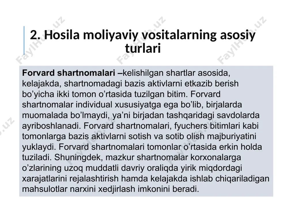 larni olish mumkin. ularning asosiy ishtirokchilari xalqaro banklar hisoblanadi.kredit derivativlar segmentining rivojlanishiga salbiy ta’sir ko’rsatayotgan asosiy omillardan biri xalqaro kreditlash sohasida yagona qonunchilikning mavjud emasligi hisobiga kredit derivativlarning standart hujjatlarining mavjud emasligi hisoblanadi. 3. kredit va foiz derivativlari kredit notalari (inglizcha credit-linked note (cln) so’z birikmasidan olingan) – obligatsiyalarga o’xshash moliyaviy vosita bo’lib, bunday obligatsiyalar kredit shartnomasiga bog’langan bo’ladi. uning yordamida bank berilgan kreditni qayta moliyalashtiish va unga bog’liq riskni uchinchi shaxs-investorga o’tkazish orqali kredit riskini boshqarish imkoniyatiga ega bo’ladi. foiz derivativlari(interest rate derivatives). derivativlar bozorining asosiy qismini qismini egallagan holda turli-tuman shakllarga ega. birjadan tashqari foiz derivativlarining uch asosiy turi faqlanadi, ya’ni forvard foiz kelishuvlari, foizli svop va foiz optsionlari. foiz derivativlarining tasnifi moliyaviy derivativlar to’g’ridan-to’g’ri shartnoma optsion foiz svopi forvardlar: forvard foiz kelishuv-lari va foiz fyuchersi vanil optsionlar: foiz fyuchersiga optsionlar, foiz kafolatlari, “shift” va “pol” shaklidagi shartnomalar, svoptsion, obligatsiyaga optsionlar ekzotik optsionlar: o’rtacha optsionlar, chegaralangan optsionlar tarkibiy …