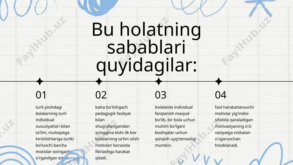 ani to'g'ri tashkil qilishga yordam beradi. masalan, guruhda o'quvchilaming talab darajasida bajarilmagan iavbatchiligi uchun ular qaytadan, ya'ni boshqatdan navbatchilik qildirish bilan jazolanadi. aybdor o'quvchi o'z burchini albatta bajarishi shartligini, shuning uchun, uni o'z vaqtida va xaqqoniy o'tashi kerakligini tushunadi. tarbiyada yengil koyish usulining qo'llanilishi qattiq jazo kutayotgan o'quvchining ko'nglini ko'taradi va o'rtadagi tanglikni yumshatadi. bunday holat o'quvchini ishonuvchan, tarbiyachining so'zlariga yanada e'tiborli bo'lishga, keyingi koyishlarni kuchliroq qabul qila olishga undaydi. pedagogik bahoning effektivligi va ijtimoiy xarakteri ●pedagogik bahoning effektivligi deganda, bolalarning ta'lim olishi va tarbiyalanishi jarayonidagi uning stimullashtiruvchi roli tushuniladi. pedagogik jihatdan effektivlik esa bolada muvaffaqiyatga intiluvchanlikni, bilim va ko'nikmalarni o'zlashtirishni, o'zida shaxsga oid ijobiy xislatlarni yuzaga keltiradigan baho hisoblanadi. ●pedagogik baholashning ijtimoiy-maxsus xarakteri haqida so'z ketganda, ikki sharoit inobatga olinadi. birinchidan, turli madaniyat sharoitlarida ta'lim va tarbiya tizimiga turli pedagogik baholar qo'llanilishi kuzatiladi. ayrim hollarda, masalan, shimoliy amerika va g‘arbiy evropacha ko'rinishdagi zamonaviy jamiyatlarda eng maqbuli moddiy stimullar hisoblanadi.islom …