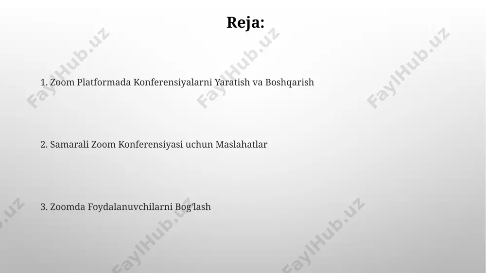 ish zoom hisobingizdagi yozuvlarni fayl nomlari yoki sanalar bo'yicha qidirish va filtrlash imkoniyati mavjud bo'lib, 5000 dan ortiq yozuvlar orasida kerakli faylni tez topishga yordam beradi. zoom’dagi yozuvlar avtomatik ravishda mp4 formatida saqlanadi va ularni bulutli xotirada 1000 soatgacha saqlash mumkin, lekin bu xususiyat pro-hisoblar uchun mavjud. anketalar va so'rovnomalarni o'tkazish zoom platformasida 100 tagacha respondentni qamrab oluvchi anonim so'rovnomalarni yaratish va natijalarni real vaqtda tahlil qilish imkoniyati mavjud. zoom anketalarini foydalanuvchilarga elektron pochta orqali yuborish va javoblarning statistik tahlilini excel yoki google sheets kabi dasturlarga eksport qilish mumkin. konferensiya davomida yuzaga keladigan muammolar va ularning yechimlari konferensiya davomida audio yoki video uzilishlari 20% hollarda tarmoq muammolaridan kelib chiqadi. bunday holatda ishtirokchilarga wi-fi ulanishini tekshirish va bandwidth’ni oshirish tavsiya etiladi. ekran almashinuvi va fayl ulashishda kechikishlar (lag) ko'pincha 5-10 mb/s dan past tezlikdagi internet ulanishi tufayli yuzaga keladi. yuqori sifatli uzatish uchun kamida 20 mb/s tezlik kerak. breakout xonalari va …