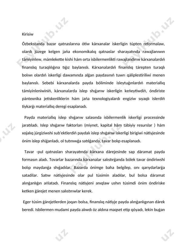 ilermen mudami payda alıwdı óz aldına maqset etip qóyadı, lekin buǵan mudamı da erise almaydı. eger túsim ǵárejetlerge teń bolsa, ol jaǵdayda tek ónim islep shıǵarıw hám satıw ǵárejetleri oralǵan boladı, tek. bunda zálel ko'rilmeydi, lekin islep shıǵarıw, ilimiytexnik jáne social rawajlanıwdıń dáregi retindegi payda da alınbaydı. eger kárxana ǵárejetleri túsiminen kóp bolsa, ol zálel kóredi, yaǵnıy unamsız finanslıq nátiyjege erisedi. bul jaǵday onı talay quramalı finanslıq jaǵdayǵa salıp qóyadı. paydanı bazar qatnaslarınıń oǵada zárúrli kategoriyasi retinde aytıw múmkin. payda kárxana iskerligi nátiyjesinde alınǵan ekonomikalıq nátiyjeni xarakterleydi. lekin birden-bir payda kórsetkishi járdeminde kárxana iskerliginiń barlıq táreplerin bahalap bolmaydı. bunday universal kórsetkishtiń bolıwı da múmkin emes. naǵız óziniń ushın kárxananıń islep shıǵarıw, xojalıq hám finanslıq iskerligin shólkemlestiriwde kórsetkishler sistemasınan paydalanıladı. paydanıń áhmiyeti sonnan ibarat, ol juwmaqlawshı finanslıq nátiyjeni sáwlelendiredi, usınıń menen birge onıń muǵdarı hám ózgeriwge kárxananıń ǵárejetlerine baylanıslı bolǵan hám de baylanıslı bolmaǵan faktorlar tásir etedi. payda xoshametlentiretuǵın funkciyasın atqaradı. …