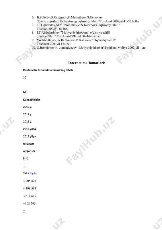 riyati rentabellikni oshirish choralarini va mavjud imkoniyatlarni izlab topishi lozim bo’ladi. mustahkamlash uchun savollar 1. rentabellik bu- 1. rentabellik qanday aniqlanadi? 1. sotish boyicha rentabellik qanday aniqlanadi? 1. rentabellikka ta’sir etuvchi omilli tahlili qaysi usullar yordamida tahlil qilinadi? adabiyotlar 1. shavkat mirziyoev “tanqidiy tahlil, qat’iy tartib-intizom va shaxsiy javobgarlik - har bir rahbar faoliyatining kundalik qoidasi bo’lishi kerak” toshkent – “o’zbekiston”-2017. 1. i.a.karimov “o`zbekiston mustaqillikka erishish ostonasida” toshkent-2011 yil. 1. o`zbekiston respublikasining” buxgalteriya hisobi” to’g’risidagi qonuni 1996-yil 30-avgust. 1. o`zbekiston respublikasining auditorlik faoliyati to’g’risidagi qonun” 1996-yil 30-may. 1. a.v.vahobov, a.t.ibrohimov,n.f.ishonqulov.”iqtisodiy tahlil” toshkent-2005yil 259-262betlar. 1. b.soliyev,q.rustamov,u.mustafayev,s.usmonov. “bank mijozlari faoliyatining iqtisodiy tahlili”toshkent 2007yil.41-50 betlar. 1. t.q.qudratov,m.m.ibrohimov,z.n.karimova.”iqtisodiy tahlil” toshket-2008yil 62 bet. 1. i.t.abdukarimov ”moliyaviy hisobotni o’qish va tahlil qilish yo’llari”.toshkent-1998 yil 96-104 betlar 1. yo.ablullayev, a.ibrohimov,m.rahimov.” iqtisodiy tahlil” toshkent-2001yil 154 bet. 1. o.bobojonov k. jumaniyozov “moliyaviy hisobot”toshkent-moliya 2002-yil iyun internet ma`lumotlari: rentabellik turlari dinamikasining tahlili. 30 № ko‘rsatkichlar 2013 y. 2014 y. 2015 …