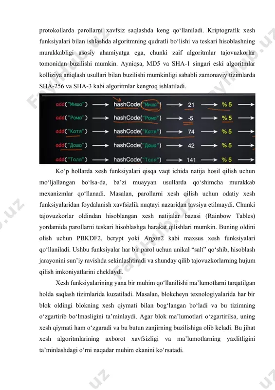 n bo‘lsa-da, ba’zi muayyan usullarda qo‘shimcha murakkab mexanizmlar qo‘llanadi. masalan, parollarni xesh qilish uchun odatiy xesh funksiyalaridan foydalanish xavfsizlik nuqtayi nazaridan tavsiya etilmaydi. chunki tajovuzkorlar oldindan hisoblangan xesh natijalar bazasi (rainbow tables) yordamida parollarni teskari hisoblashga harakat qilishlari mumkin. buning oldini olish uchun pbkdf2, bcrypt yoki argon2 kabi maxsus xesh funksiyalari qo‘llaniladi. ushbu funksiyalar har bir parol uchun unikal “salt” qo‘shib, hisoblash jarayonini sun’iy ravishda sekinlashtiradi va shunday qilib tajovuzkorlarning hujum qilish imkoniyatlarini cheklaydi. xesh funksiyalarining yana bir muhim qo‘llanilishi ma’lumotlarni tarqatilgan holda saqlash tizimlarida kuzatiladi. masalan, blokcheyn texnologiyalarida har bir blok oldingi blokning xesh qiymati bilan bog‘langan bo‘ladi va bu tizimning o‘zgartirib bo‘lmasligini ta’minlaydi. agar blok ma’lumotlari o‘zgartirilsa, uning xesh qiymati ham o‘zgaradi va bu butun zanjirning buzilishiga olib keladi. bu jihat xesh algoritmlarining axborot xavfsizligi va ma’lumotlarning yaxlitligini ta’minlashdagi o‘rni naqadar muhim ekanini ko‘rsatadi. xesh algoritmlarining yana bir afzalligi shundaki, ular ma’lumotlarni taqqoslash va autentifikatsiya qilish jarayonlarini tezlashtiradi. …