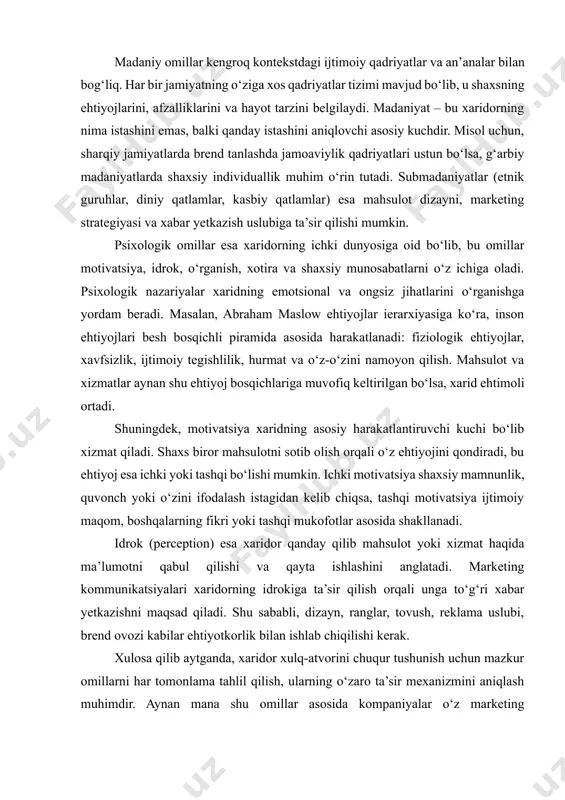 ki tashqi mukofotlar asosida shakllanadi. idrok (perception) esa xaridor qanday qilib mahsulot yoki xizmat haqida ma’lumotni qabul qilishi va qayta ishlashini anglatadi. marketing kommunikatsiyalari xaridorning idrokiga ta’sir qilish orqali unga to‘g‘ri xabar yetkazishni maqsad qiladi. shu sababli, dizayn, ranglar, tovush, reklama uslubi, brend ovozi kabilar ehtiyotkorlik bilan ishlab chiqilishi kerak. xulosa qilib aytganda, xaridor xulq-atvorini chuqur tushunish uchun mazkur omillarni har tomonlama tahlil qilish, ularning o‘zaro ta’sir mexanizmini aniqlash muhimdir. aynan mana shu omillar asosida kompaniyalar o‘z marketing strategiyalarini, mahsulotlarni pozitsiyalash, brendlash, narx belgilash va kommunikatsiya siyosatlarini shakllantiradilar. xarid jarayoni bosqichlari va ularning mexanizmlari xarid jarayoni – bu xaridorning ehtiyojni anglashdan boshlab mahsulotni baholash, xarid qilish va undan keyingi bosqichlargacha bo‘lgan ketma-ket harakatlar majmuasidir. bu jarayon mantiqiy ketma-ketlikda amalga oshadi va har bir bosqich marketing nuqtai nazaridan alohida strategik ahamiyat kasb etadi. muammoni aniqlash (ehtiyojning yuzaga chiqishi) – xaridorda mahsulotga ehtiyoj tug‘iladi. bu ehtiyoj ichki (ochlik, qulaylik, shaxsiy istak) yoki …