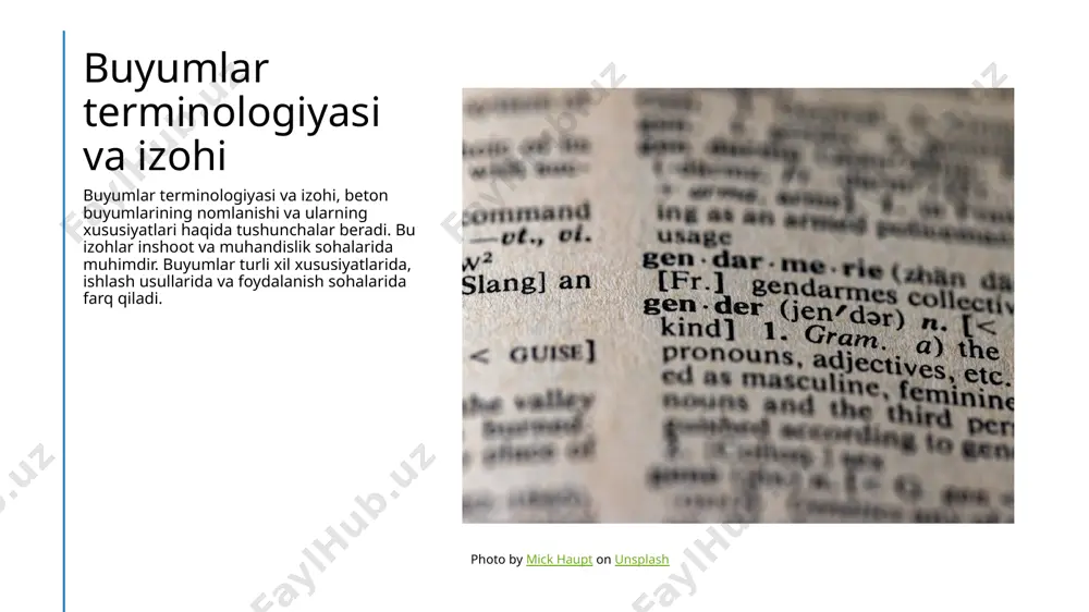 talab etadi. turli turlardagi temir beton buyumlari dasturlarida 1 dastur turlari dastur turlari temir beton buyumlari qurilishida qo'llaniladigan texnologiyalarni yoritadi. dastur turlarining bir-biriga farqli xususiyatlari mavjud. 2 sozlamalar sozlamalar dasturlar orqali temir beton buyumlari uchun kerakli o'lchovlar, qalinliklar va dizaynlar belgilanadi. bu sozlamalar dizayn jarayonida muhim ahamiyatga ega. 3 texnologiyalar texnologiyalar dasturlar orqali temir beton buyumlari qurilishida qo'llanadigan texnologiyalarni belgilaydi. texnologiyalar dizayn va ishlab chiqarish bo'limlarining ishlashini ta'minlaydi. temir beton buyumlarining turli xil turlari temir beton buyumlarining turli xil turlari shu slaytda ko'rsatilgan. prezentatsiyada qurilish materiallari va inshootga oid turli buyumlar haqida ma'lumot beriladi. keyingi slaytda buyumlarining mahsulotlari va ularning amaliyoti tahlil qilinadi. photo by 준영 박 on unsplash binolarda temir beton buyumlarining xususiyatlari buyumlar binolarda temir beton buyumlarining turli xil turlari mavjud va ularning foydalanish bo'limlari aniqlanadi. qo'llanishi temir beton buyumlarining binolarda qanday qo'llanilishi va ularning qurilishi to'g'risida ma'lumot beriladi. xususiyatlar binolarda temir beton buyumlarining qo'llanishga mo'ljallangan xususiyatlari, ularning …