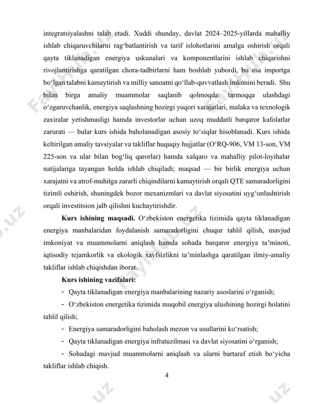 ning tuzilmasi. kurs ishi kirish, ikki bob, xulosa va foydalanilgan adabiyotlar ro‘yxatidan iborat. i-bob. qayta tiklanadigan energiya manbalari: nazariy asoslari va global tajribalar 1.1. qayta tiklanadigan energiya manbalarining mohiyati va tasnifi qayta tiklanadigan energiya — vaqt o‘tishi bilan tabiiy ravishda tiklanib boradigan manbalardan olinadigan energiya bo‘lib, unga quyosh nuri, shamol oqimlari, gidroresurslar, bioenergiya va geotermal issiqlik kiradi. bu manbalar energiya tizimining barqarorligi va ekologik xavfsizligini ta’minlashda muhim rol o‘ynaydi. qayta tiklanadigan energiya manbalari odatda barqaror hisoblanadi, biroq ayrim biomassa turlari hozirgi ishlab chiqarish sharoitida ekologik barqarorlik mezonlariga to‘liq javob bermaydi. qayta tiklanuvchi energiya elektr energiyasi ishlab chiqarish, issiqlik ta’minoti, sovutish tizimlari va mustaqil energiya tizimlarini quvvatlantirishda keng qo‘llaniladi. 2011–2021 yillar davomida dunyo bo‘yicha qayta tiklanadigan energiya ulushi 20 foizdan 28 foizga oshdi, konvensional yoqilg‘ilar esa 68 foizdan 62 foizgacha kamaydi. shu davrda quyosh va shamol energetikasi ulushi 2 foizdan 10 foizga ko‘tarilib, eng tez rivojlanayotgan yo‘nalishga aylandi. bugungi kunda qayta …