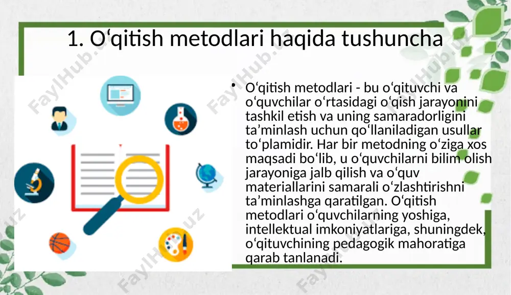 o‘qitish amalga oshiriladi. bu metod vizual qobiliyatni rivojlantiradi. muammoli metodlar – o‘quvchilarni muammolarni hal qilishga jalb qilishga asoslangan metoddir. bu metodda o‘qituvchi o‘quvchilarga har xil vazifalar yoki muammolarni taqdim etadi, va ular bu muammolarni mustaqil ravishda hal qilishga intiladi. bu metod o‘quvchilarning fikrlash va kreativ yondashuvlarini rivojlantiradi. innovatsion metodlar – zamonaviy pedagogik yondoshuvlarni o‘z ichiga olgan metodlardir. masalan, interfaol o‘qitish, o‘quvchilarning o‘zini-o‘zi boshqarishi, kompyuter texnologiyalarini qo‘llash, ta’lim jarayonida o‘quvchilarning faolligini oshirishni maqsad qiladi. 3. zamonaviy o‘qitish metodlarining ahamiyati zamonaviy o‘qitish metodlarining ta’lim jarayonida ahamiyati katta. ular o‘quvchilarning faolligini oshiradi, o‘zini o‘zi boshqarish qobiliyatini rivojlantiradi va mustaqil fikrlashni rag‘batlantiradi. masalan, interfaol metodlar orqali o‘quvchilar o‘z fikrlarini ifodalash, guruhda ishlash va muhokama qilish ko‘nikmalarini rivojlantiradilar. zamonaviy metodlar, shuningdek, o‘qitishning sifati va samaradorligini oshiradi. o‘quvchilarni diqqatini to‘g‘ri jalb qilish va ular uchun qiziqarli va samarali o‘qish jarayonini tashkil etish uchun innovatsion texnologiyalar va metodlarni qo‘llash muhimdir. o‘qitish metodlarini tanlashda o‘qituvchining maqsadi va o‘quvchilarni …