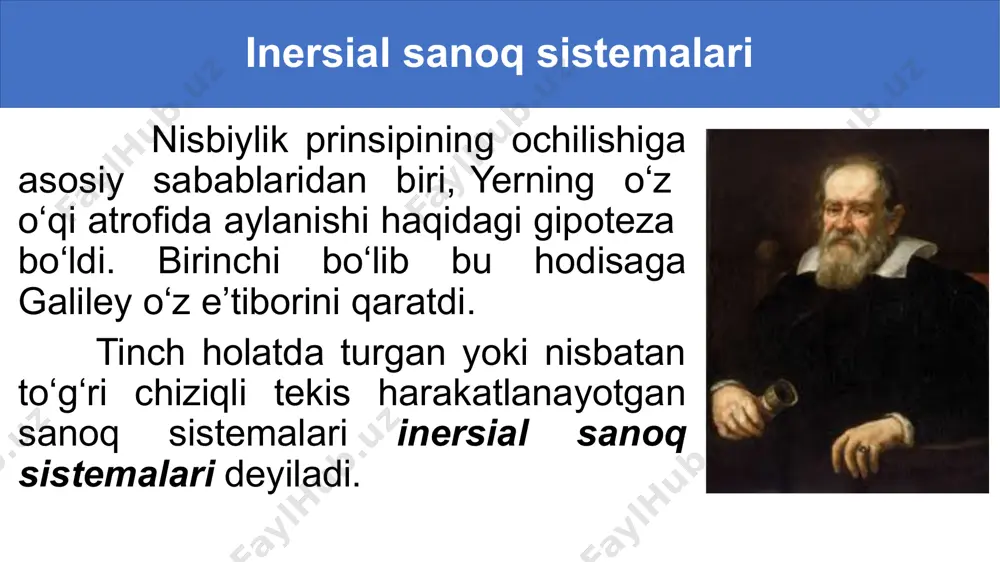 di? berilgan: formulasi: topish kerak: yechish: javob: mustaqil bajarish uchun topshiriqlar 1. galileyning nisbiylik prinsipi qanday ta’riflanadi? 2. qanday sistemalar inersial sanoq sistemalari deb ataladi? 3. inersial sanoq sistemalarida qanday kattaliklar bir xil bo‘ladi? 4. noinersial sanoq sistemalari deb qanday sistemalarga aytiladi? 5. vertolyot shimol tomonga 20 m/s tezlik bilan uchdi. agar g‘arb tomondan 10 m/s tezlik bilan shamol essa, vertolyot qanday tezlik bilan uchadi? image1.png image2.jpg image3.png image3.jpeg image5.png image4.png image6.png image5.jpeg image70.png image90.png image10.png